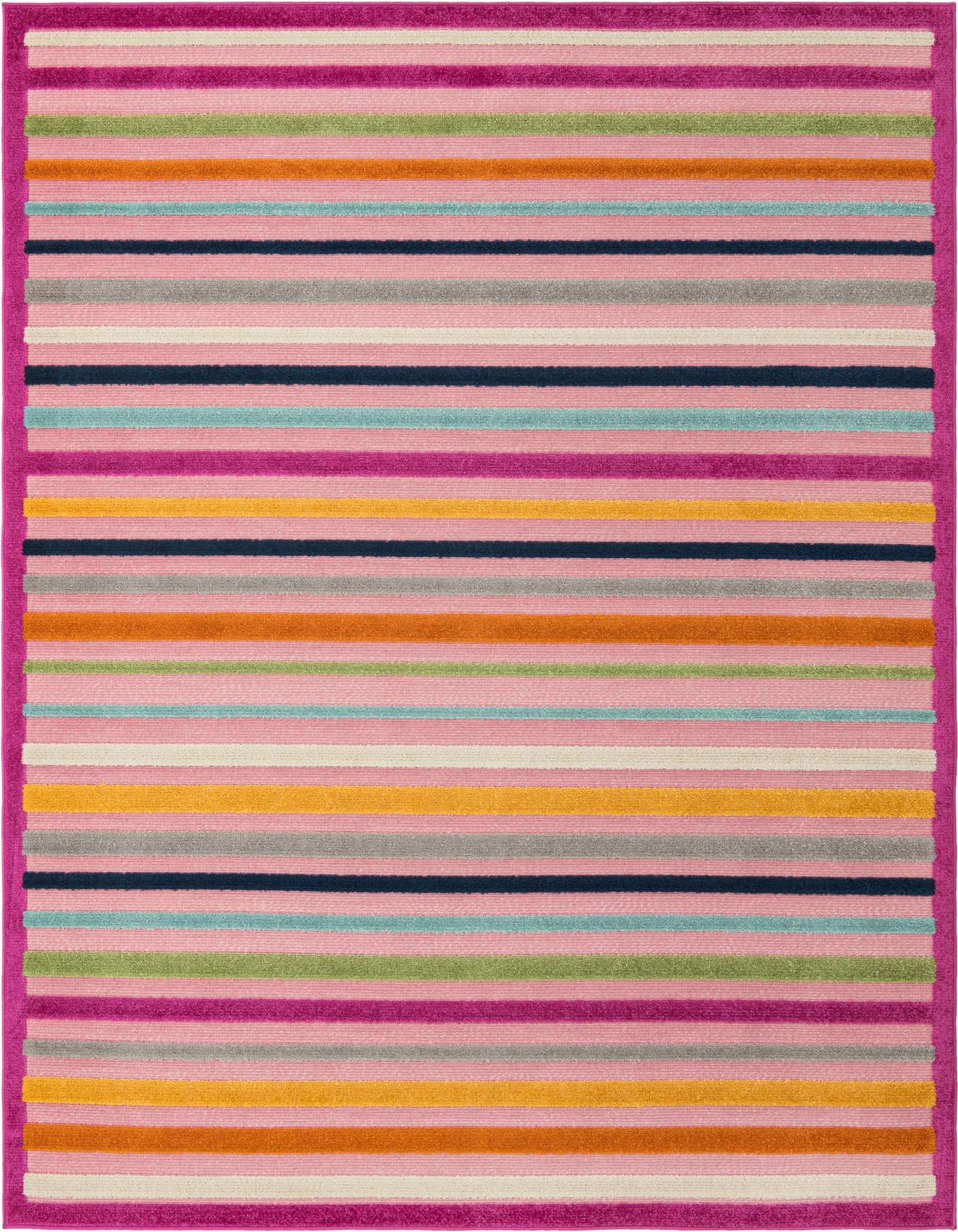 A 7x10 rectangular Aruba Outdoor rug featuring a vibrant, multi-color stripe pattern with a fuchsia border, suitable for indoor or outdoor use.