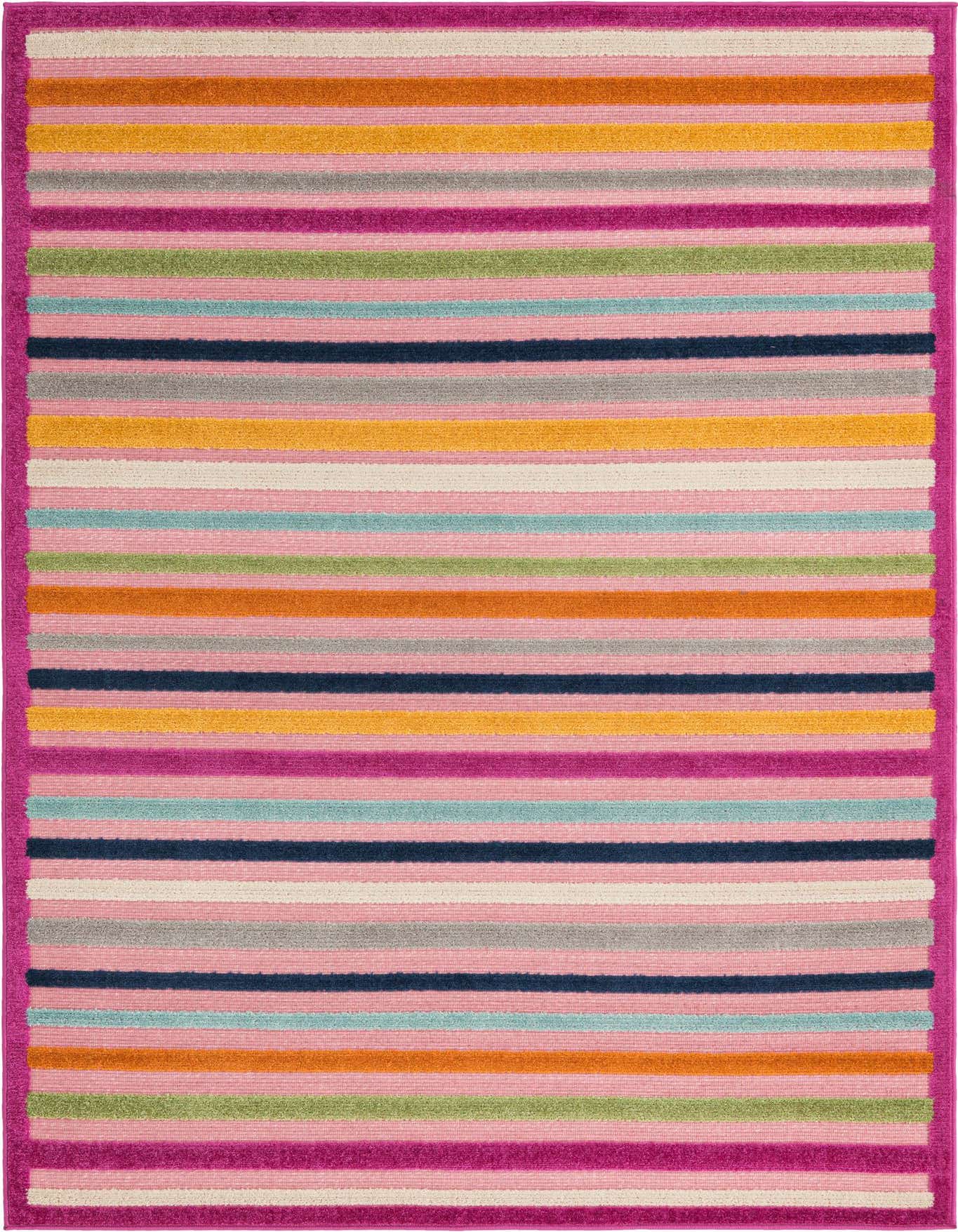 A 5x8 rectangular indoor/outdoor rug with vibrant horizontal stripes in pinks, oranges, blues, greens, and grays, framed by a solid fuchsia border.