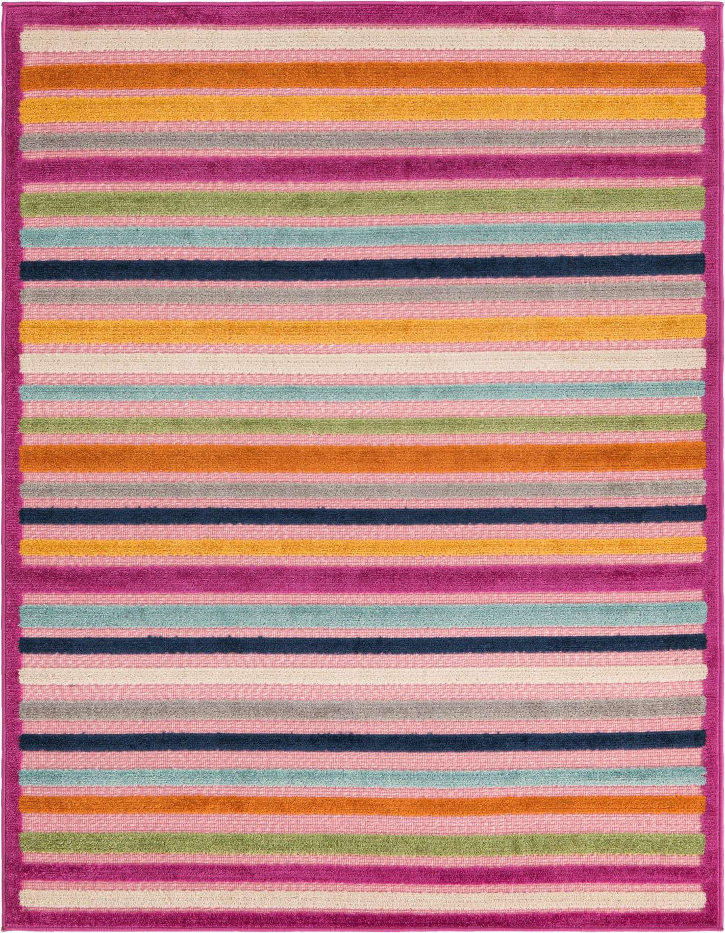 A 4x6 rectangular rug with vibrant horizontal stripes in pink, orange, blue, green, and cream, suitable for indoor or outdoor use.