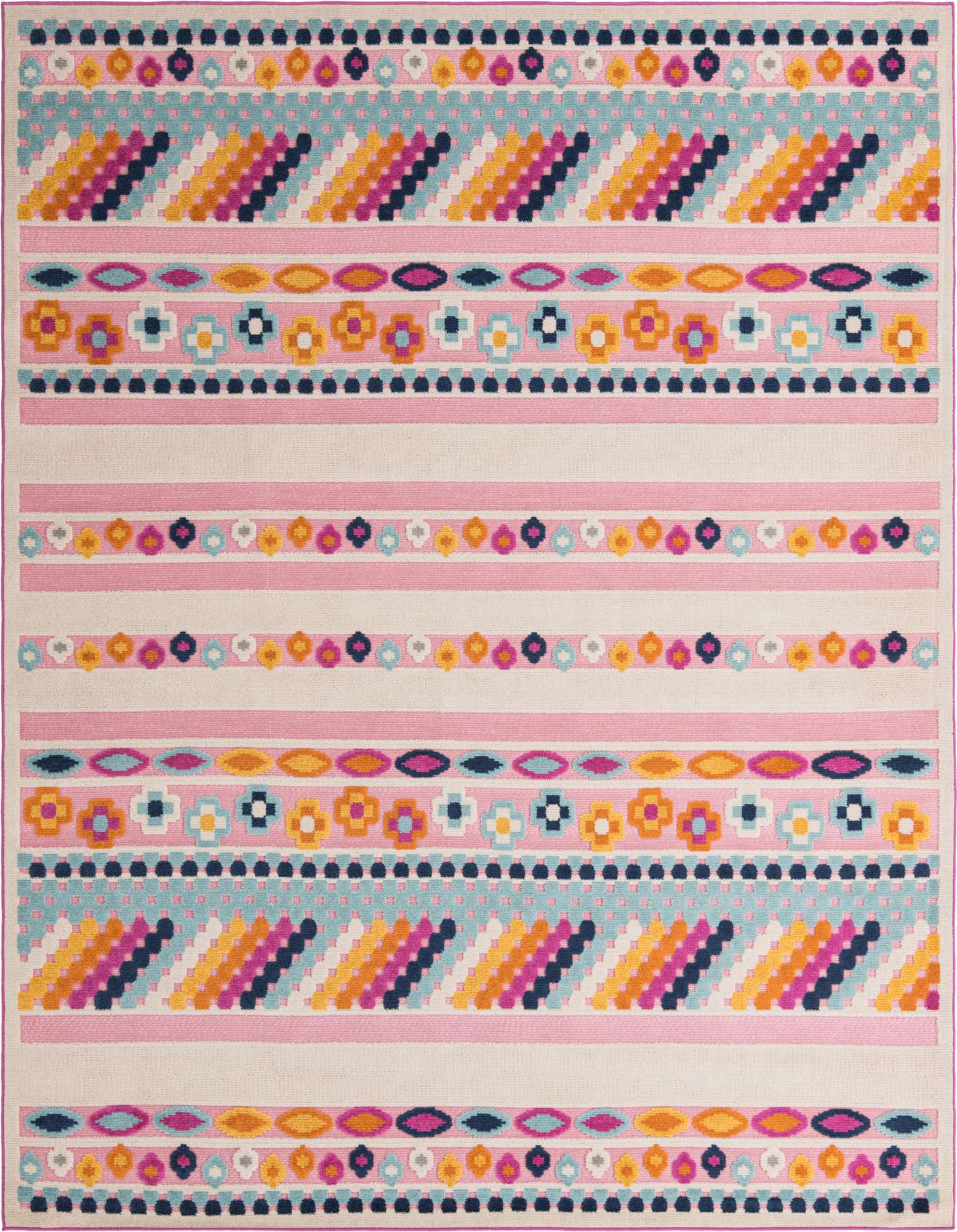 A 9x12 rectangular Aruba Outdoor rug featuring vibrant pink, blue, yellow, and orange bohemian stripes with geometric patterns.