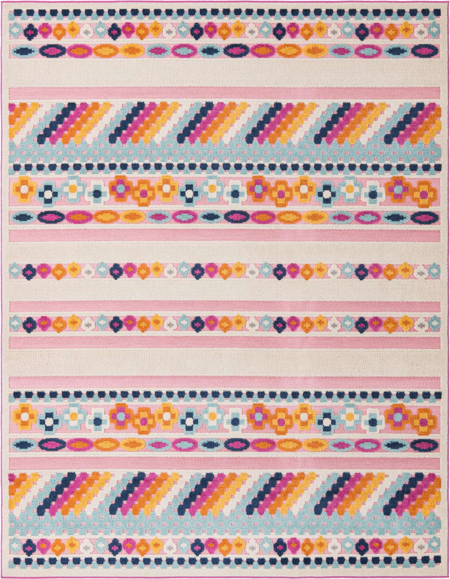 8x10 rectangular pink bohemian rug with colorful stripes and tribal patterns, ideal for indoor or outdoor spaces.