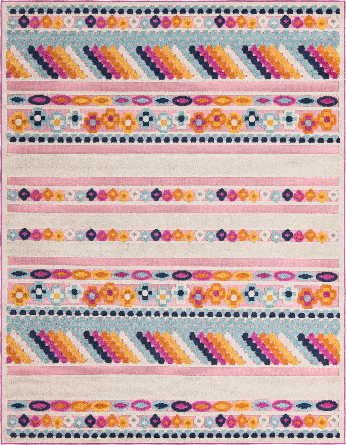 A 7x10 rectangular pink bohemian rug with vibrant stripes and geometric patterns, ideal for indoor or outdoor spaces.