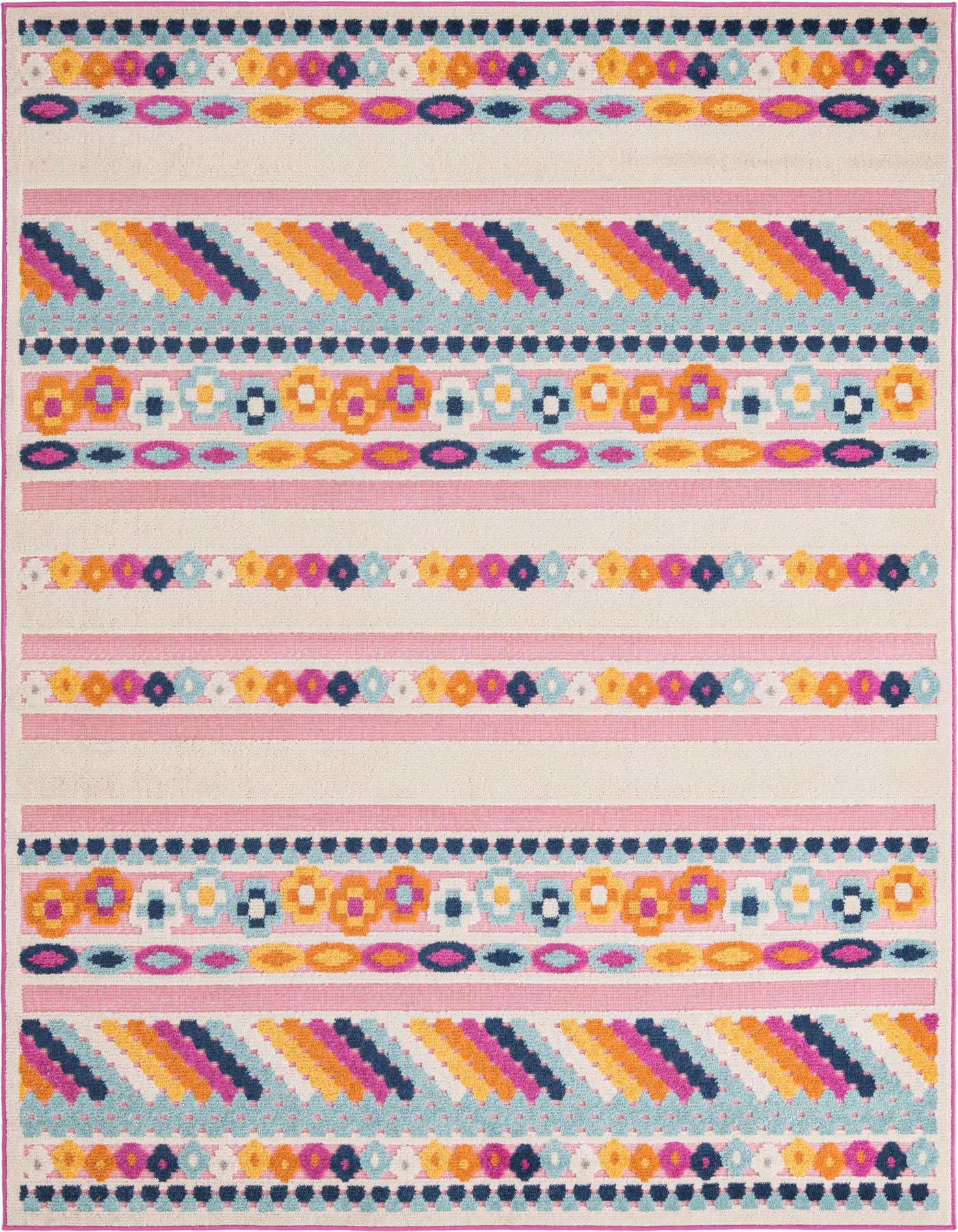 A 6x9 rectangular rug featuring bohemian stripes in pink, blue, orange, and yellow on a cream background, suitable for indoor or outdoor use.