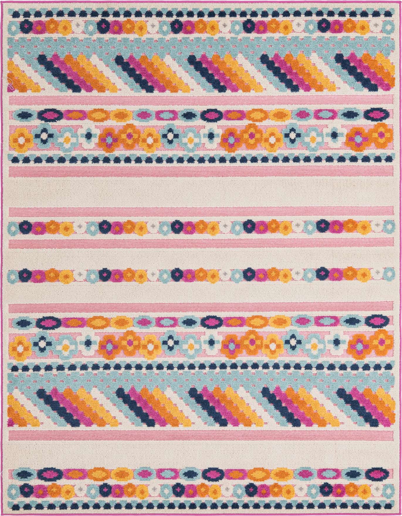A 5x8 rectangular indoor/outdoor rug featuring vibrant pink, orange, blue, and yellow bohemian stripes and floral patterns on a cream background.