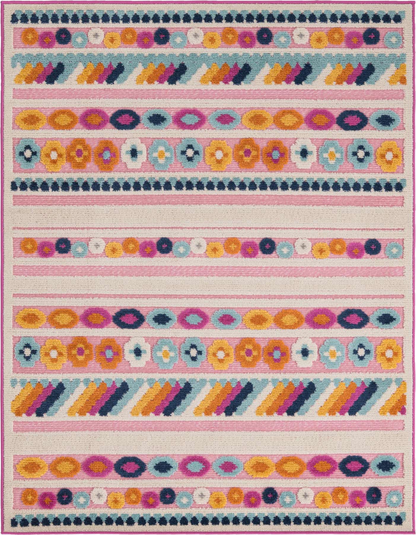 A 4x6 rectangular indoor/outdoor rug with a bohemian stripe pattern in pink, orange, blue, and white, featuring textured floral and geometric motifs.