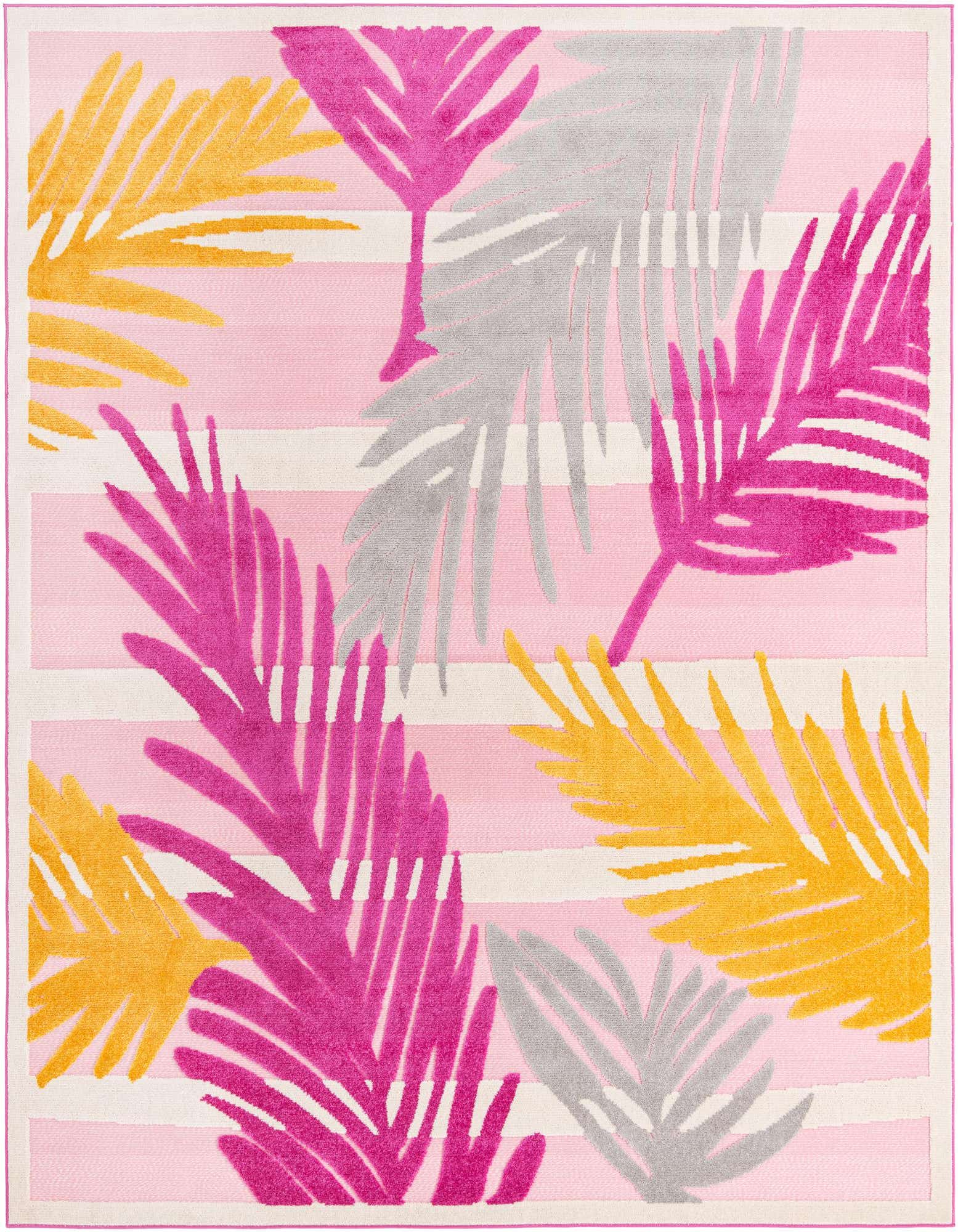 A 9x12 rectangular rug featuring a vibrant tropical pattern with pink, fuchsia, yellow, and gray palm fronds over a striped pink and white background.