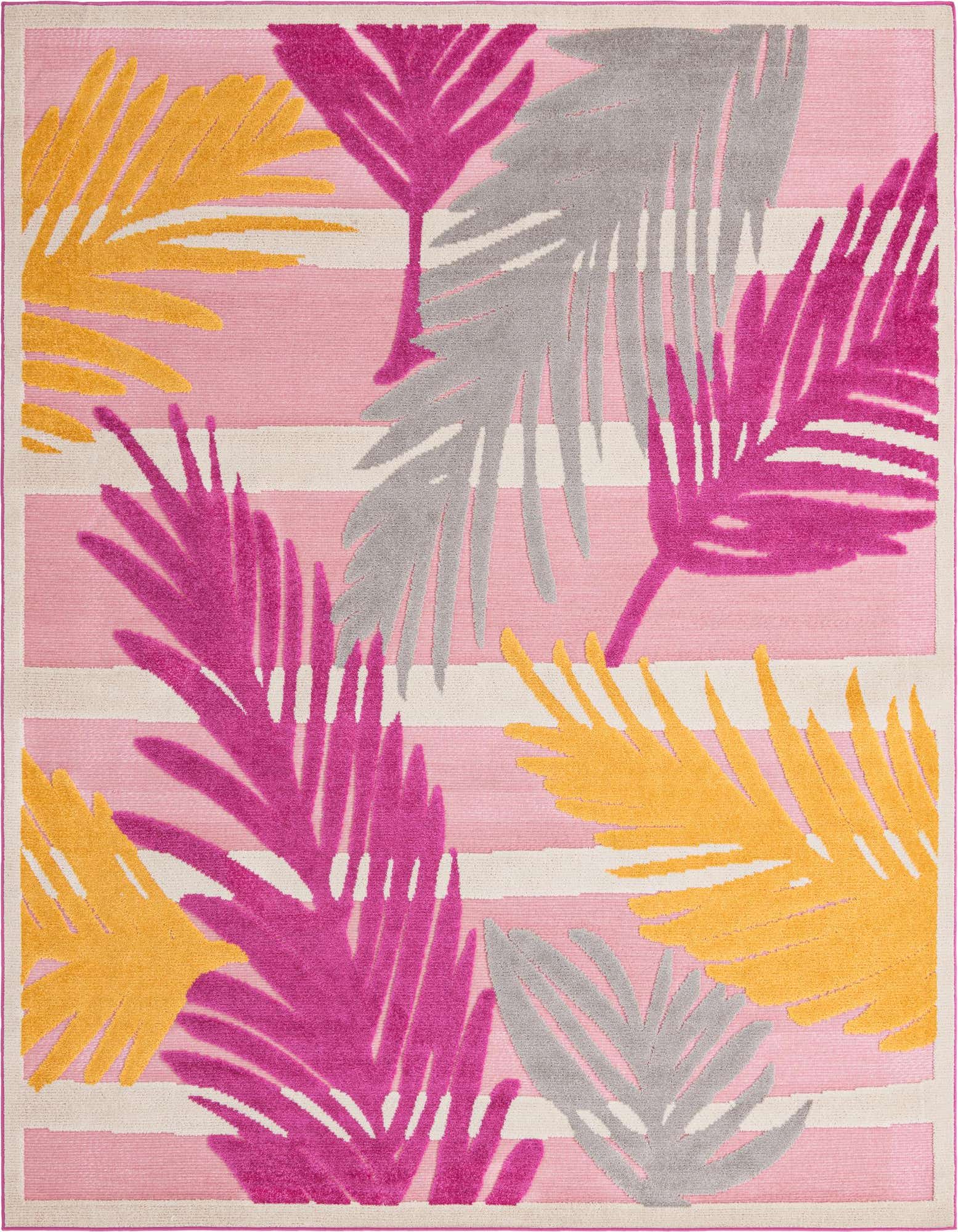 8x10 rectangular pink rug with bold fuchsia, yellow, and grey tropical palm leaves over light pink and white stripes.