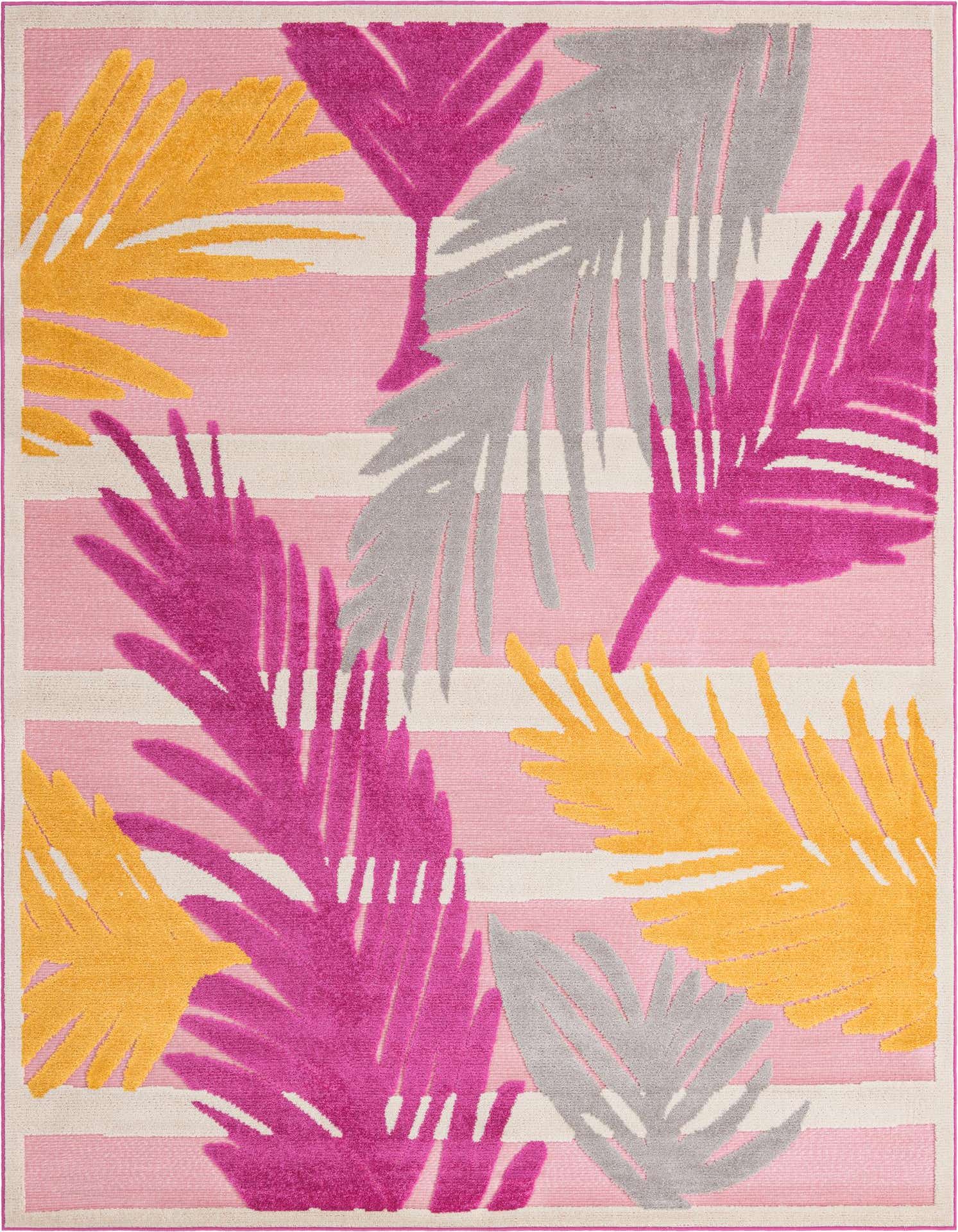 A 7x10 rectangular rug with a modern tropical pattern featuring pink and white stripes, accented with fuchsia, gold, and gray palm leaves.