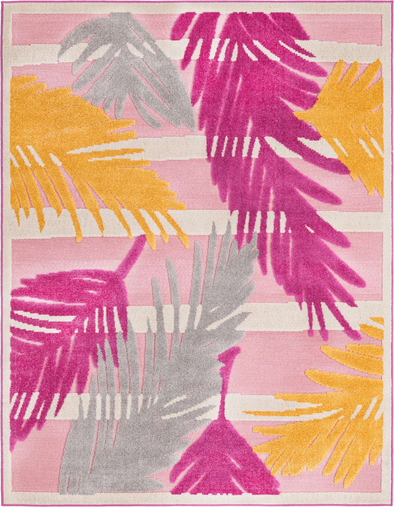 A 5x8 rectangular indoor/outdoor rug featuring a modern tropical pattern with bold pink, orange, and gray palm leaves over pink and white stripes.