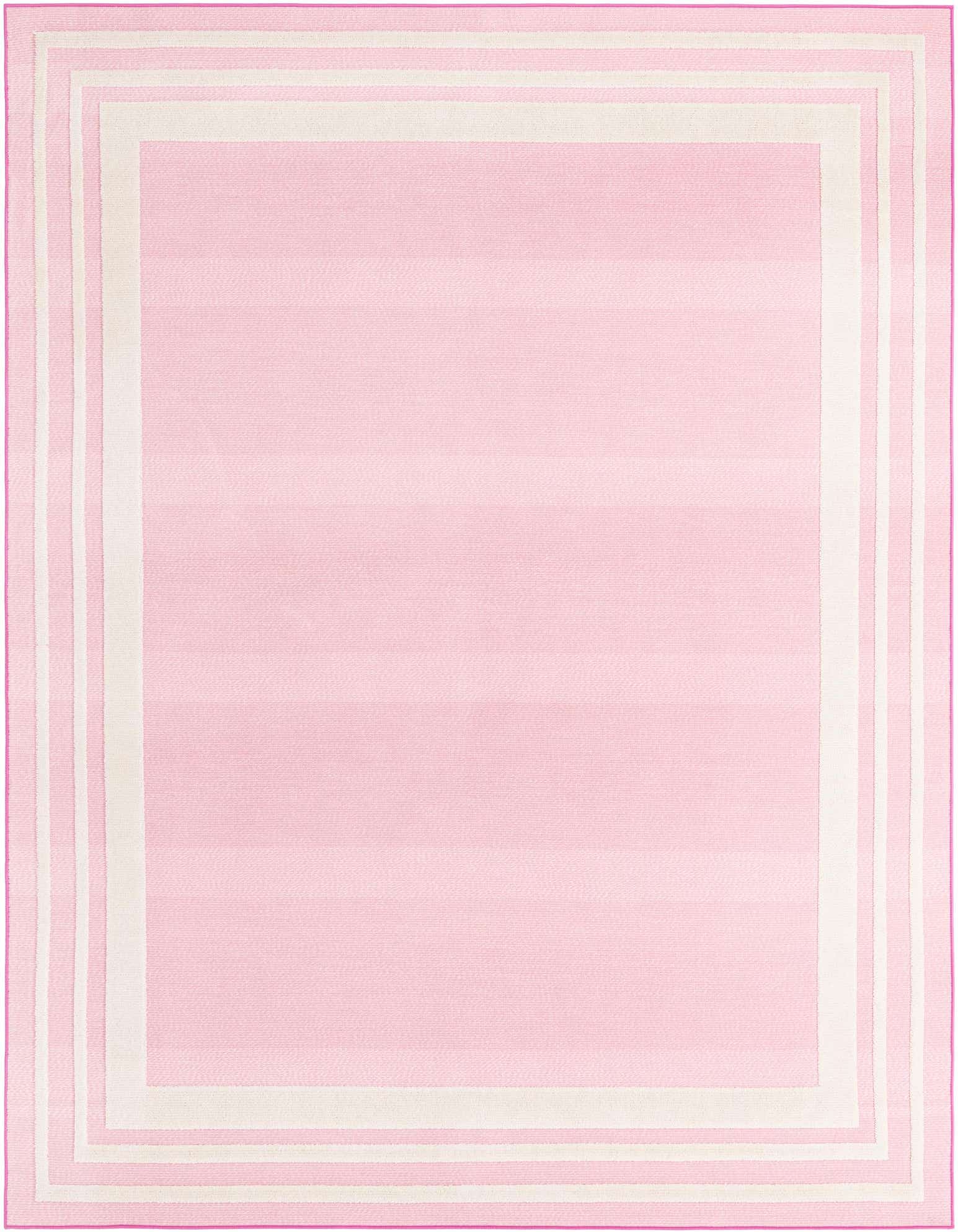 A 9x12 rectangular pink rug with a subtle striped border in varying shades of pink and cream, suitable for indoor or outdoor spaces.