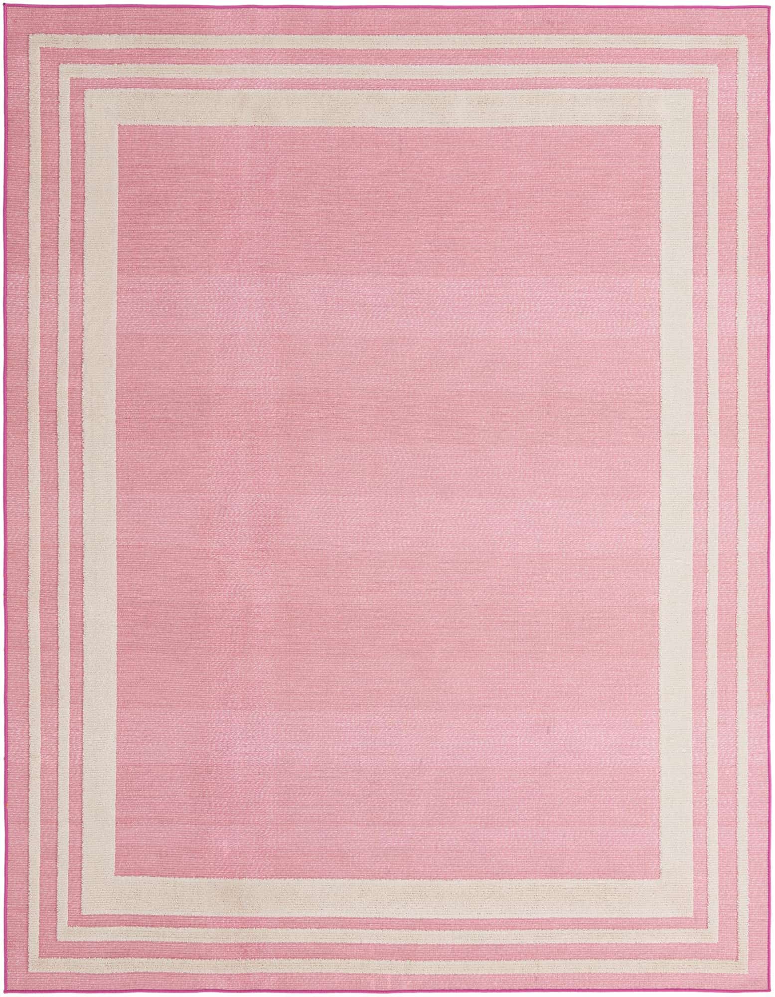 A rectangular 8x10 pink area rug with a textured pile and a triple cream border, suitable for indoor or outdoor use.