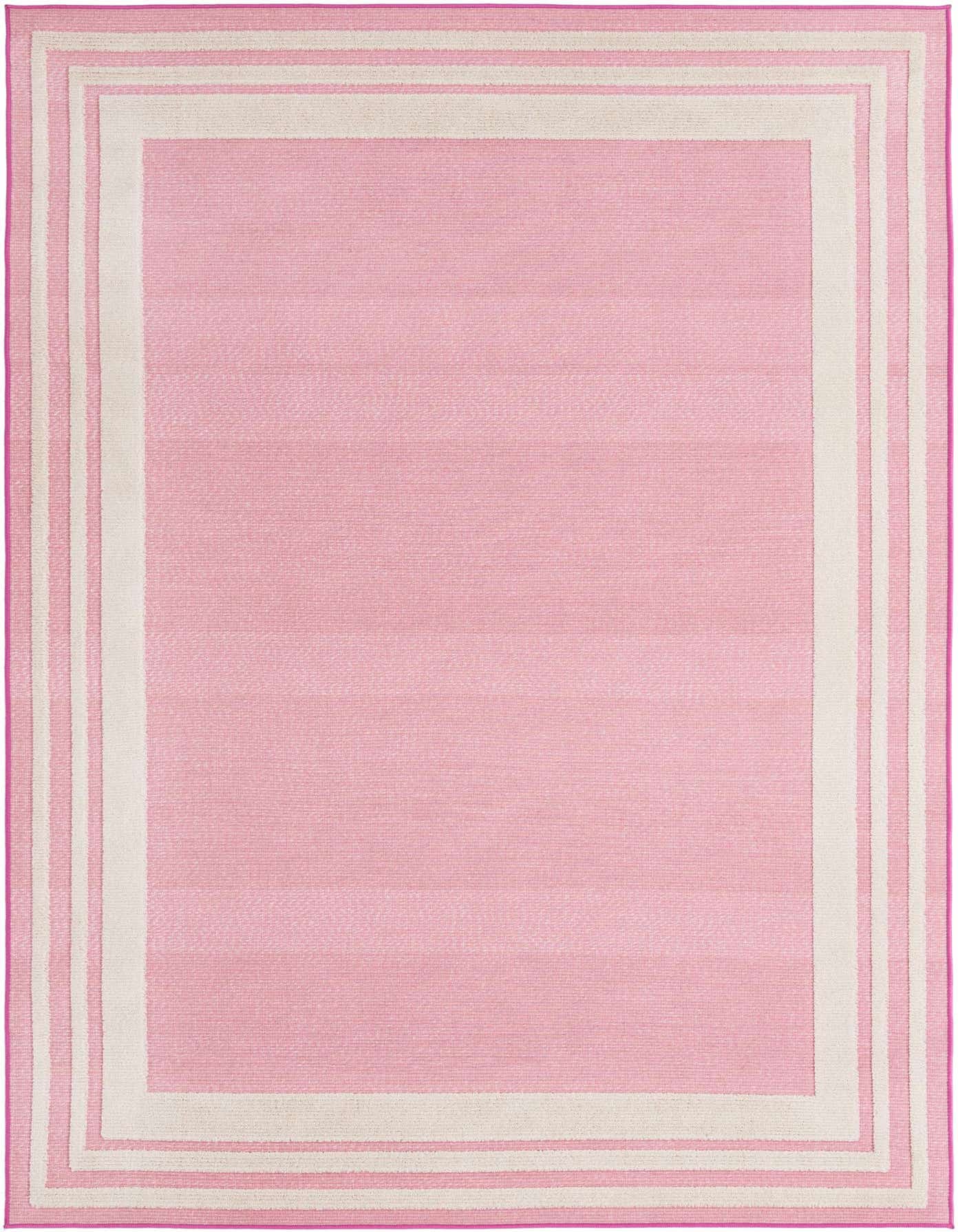 A 6x9 rectangular pink indoor/outdoor rug with a textured surface and a light pink and off-white striped border.