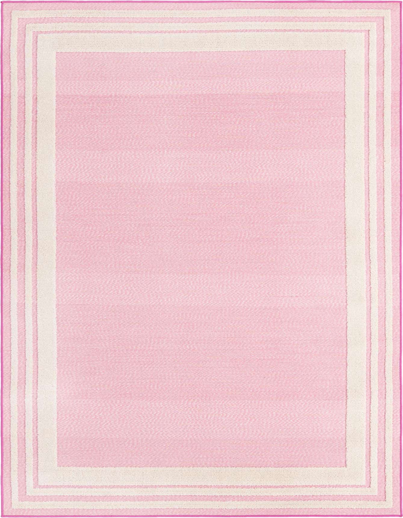 A 5x8 rectangular Aruba Outdoor rug from Rugs.com, featuring a solid light pink center with a triple border of cream and magenta, suitable for indoor or outdoor spaces.