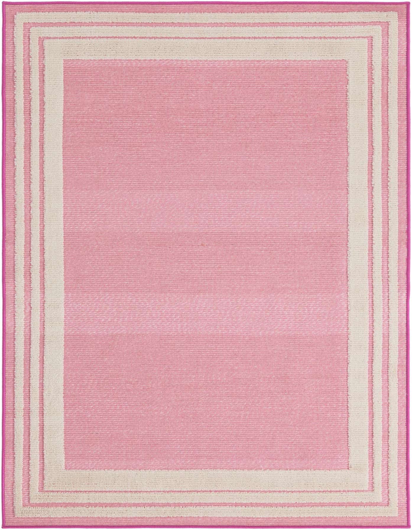 A 4x6 rectangular pink and cream striped rug with a textured, low pile, suitable for indoor or outdoor use.