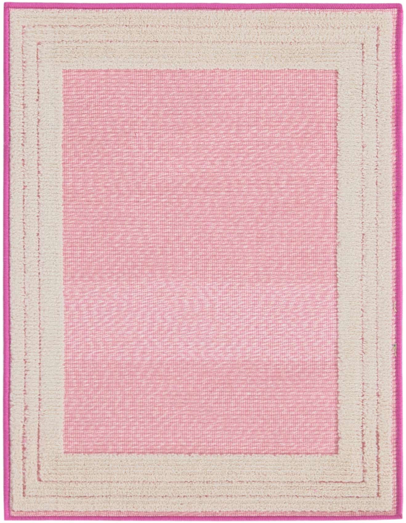 A 2x3 rectangular pink and cream rug with a textured, solid center and a cream border, framed by a vibrant pink edge.