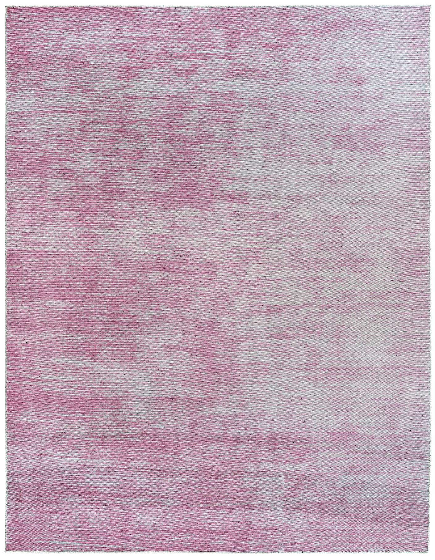 A large 8x12 rectangular Rugs.com Asha area rug featuring a modern stripe pattern in varying shades of pink and white.