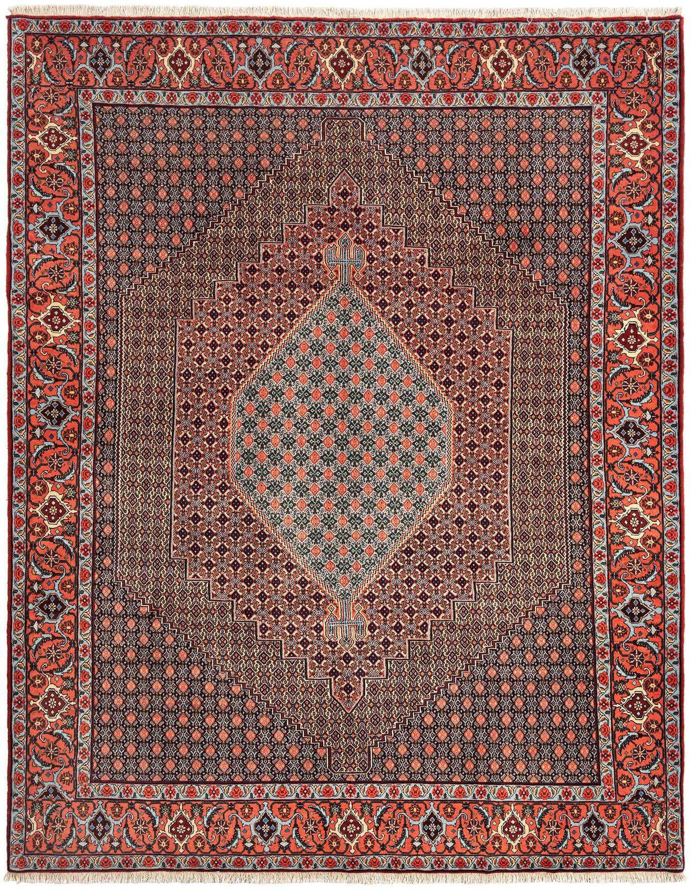 An 8x11 rectangular Persian rug with a complex pink, red, and blue floral and geometric pattern, featuring a central medallion.