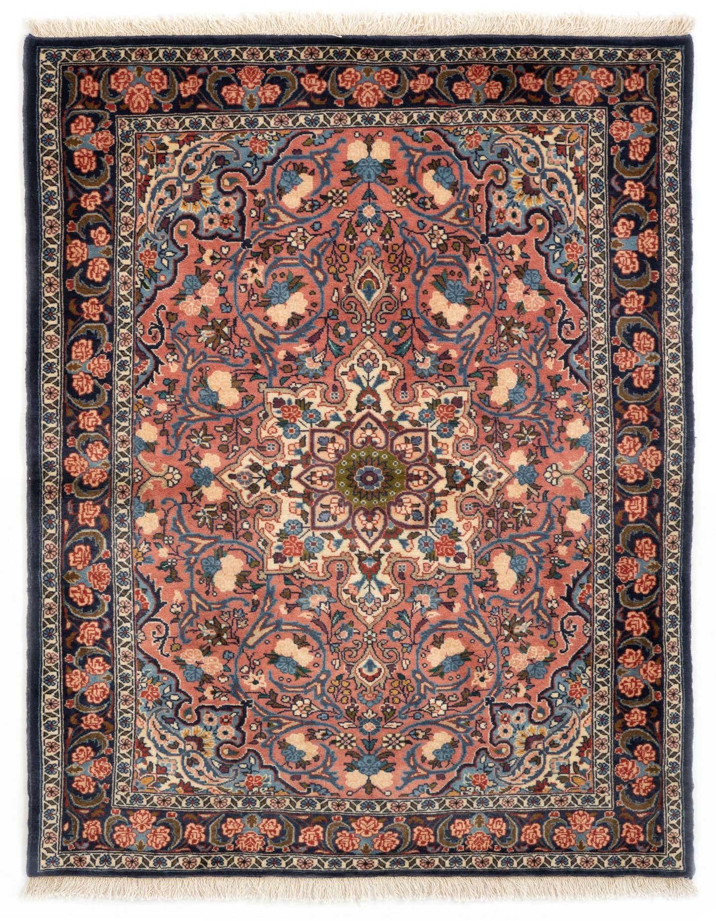 A 3x5 rectangular Persian rug with a pink field, intricate floral motifs, and a navy border, suitable for an entryway.