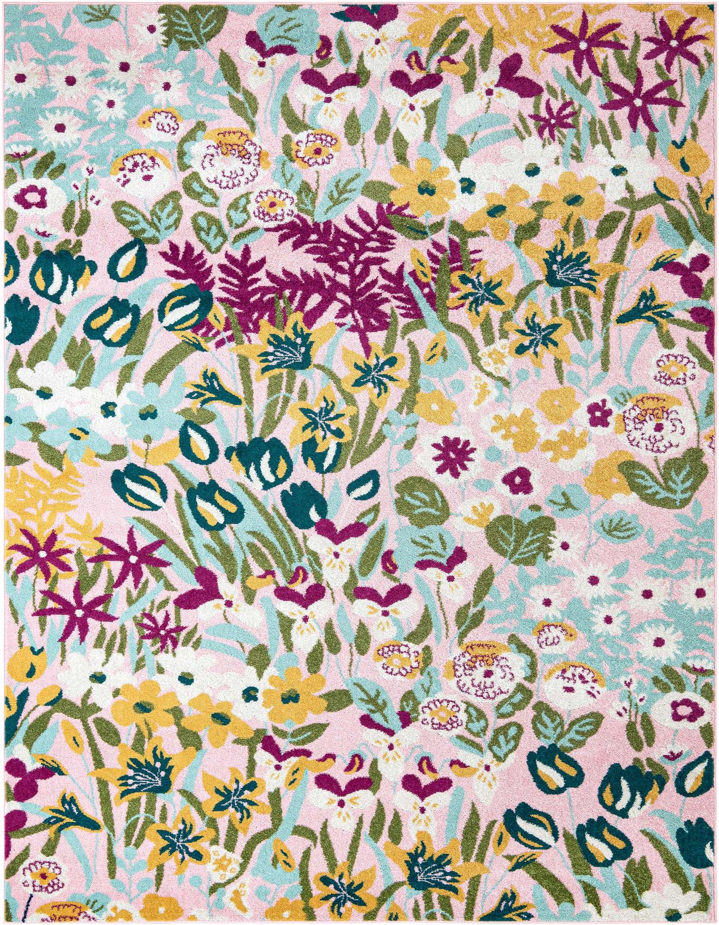 A vibrant 8x11 rectangular rug with a dense floral pattern on a pink background, featuring flowers and leaves in shades of yellow, teal, white, and magenta.