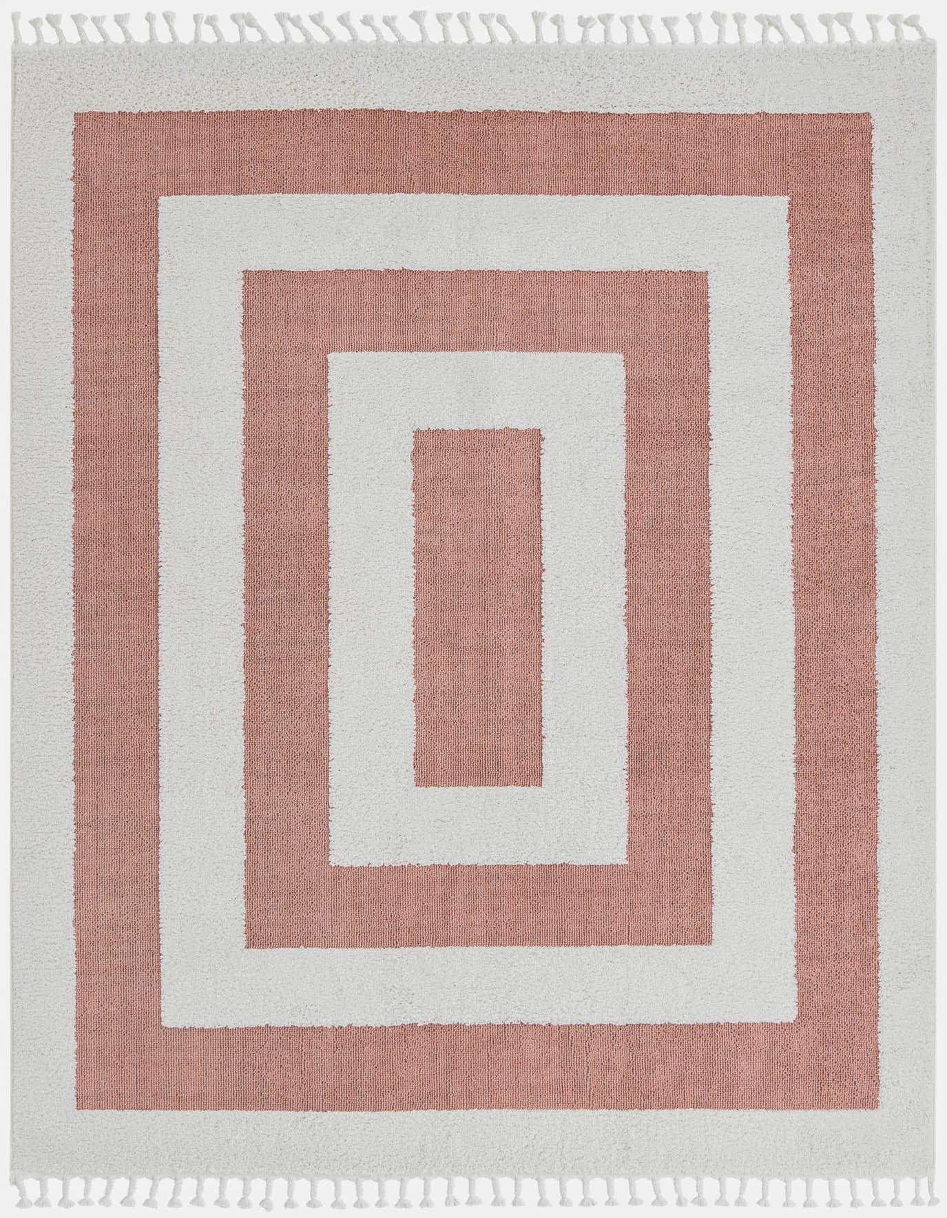 An 8x10 rectangular pink and white modern rug with a concentric stripe pattern and fringed edges.