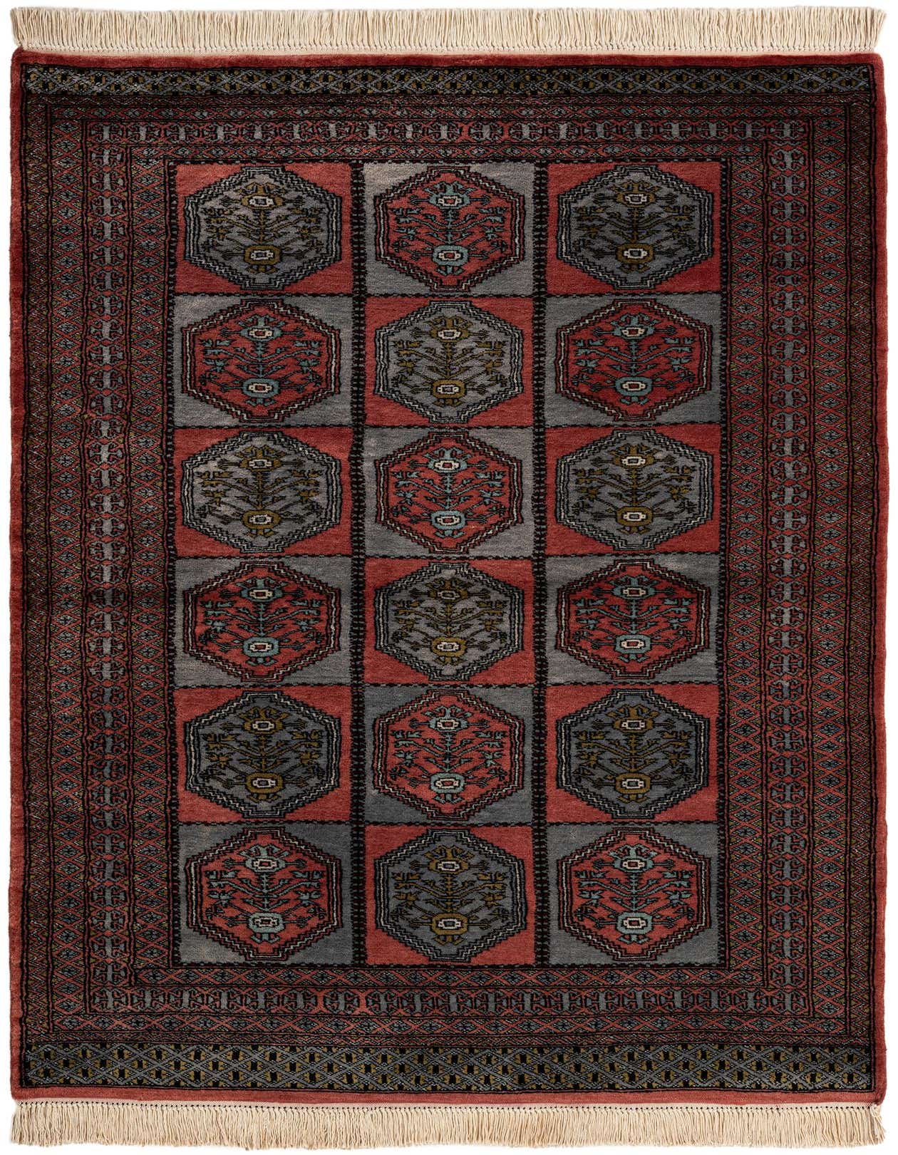 A 4x6 rectangular Bokhara wool rug featuring a traditional tribal pattern in shades of pink, grey, and black with fringe.