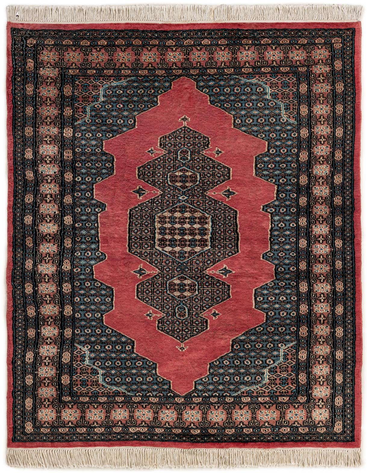A 4x6 rectangular Bokhara rug featuring a central pink medallion with intricate tribal patterns in blue and black, surrounded by a dark border.
