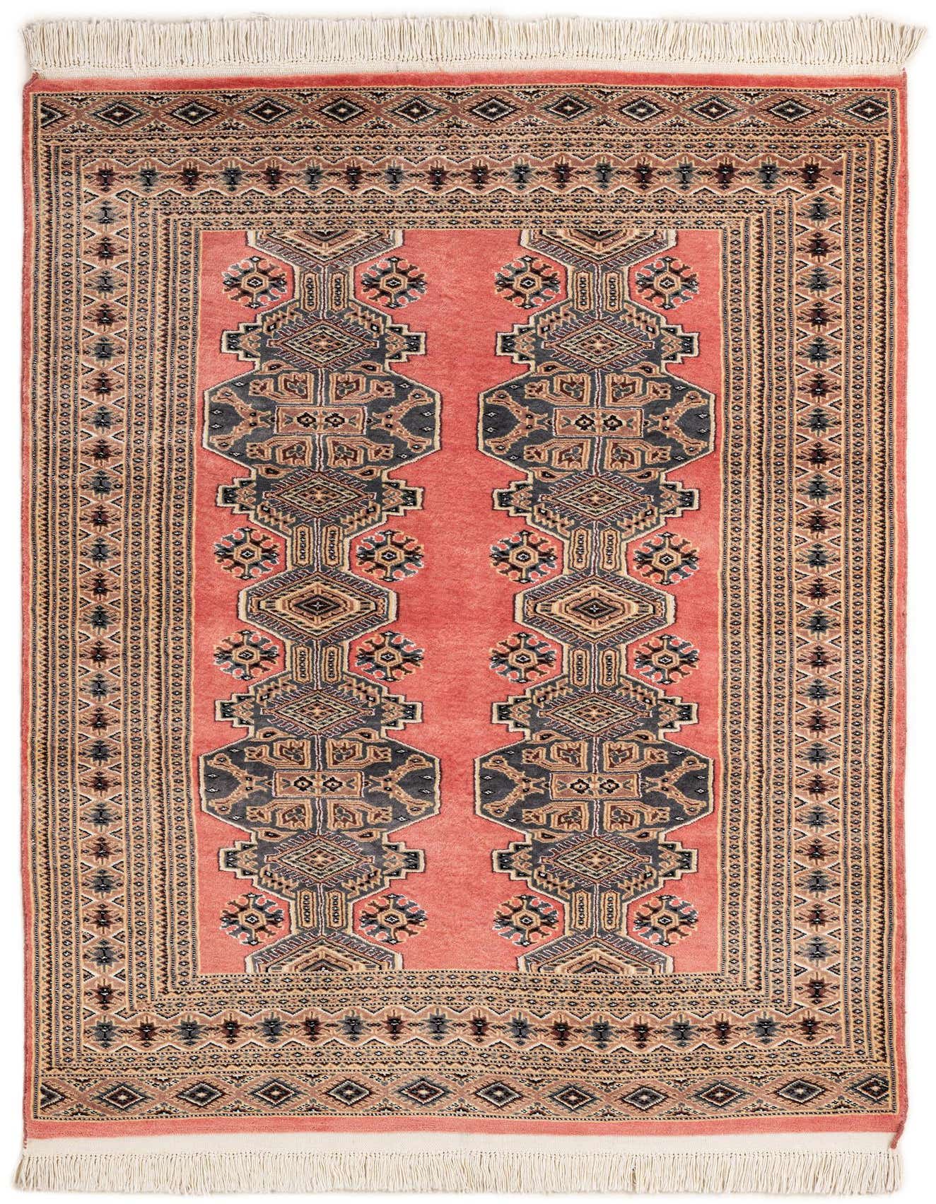 A 4x6 rectangular Bokhara rug in shades of pink, featuring traditional tribal patterns and fringe.