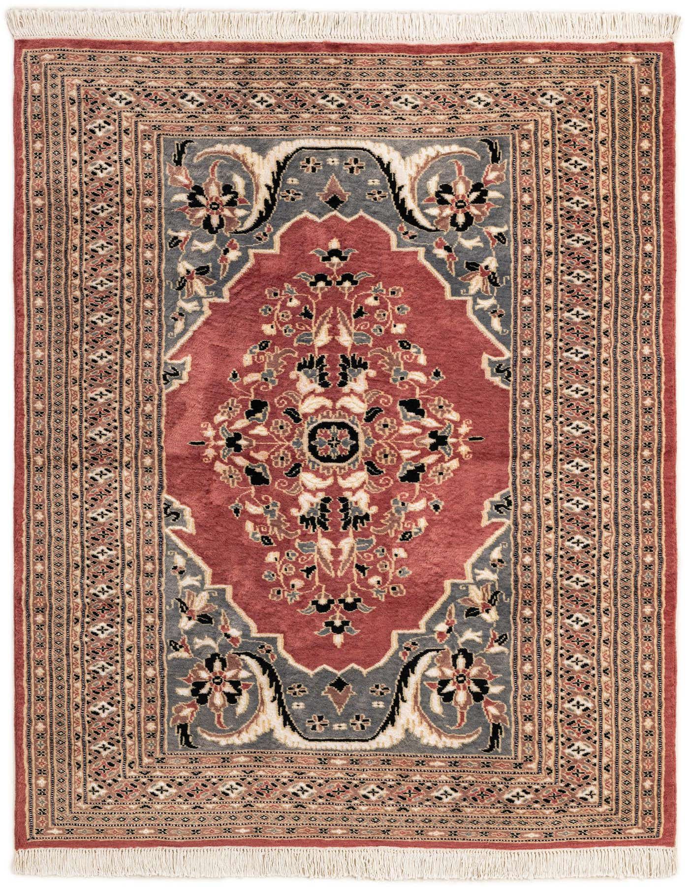 A 4x6 rectangular Bokhara rug featuring a central medallion and intricate tribal patterns in shades of pink, grey, and black with fringe.