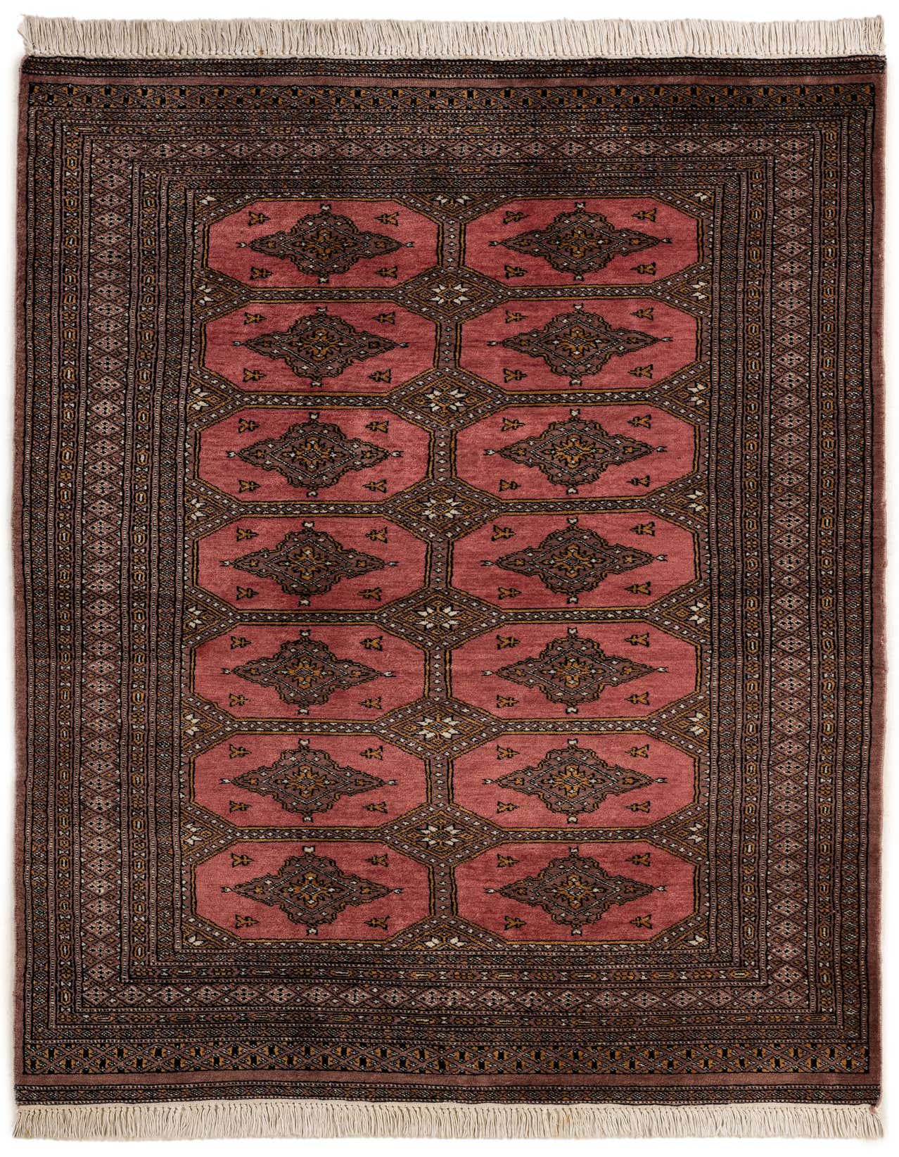 A 4x6 rectangular Bokhara wool rug featuring a traditional tribal pattern in shades of pink and brown with fringe.
