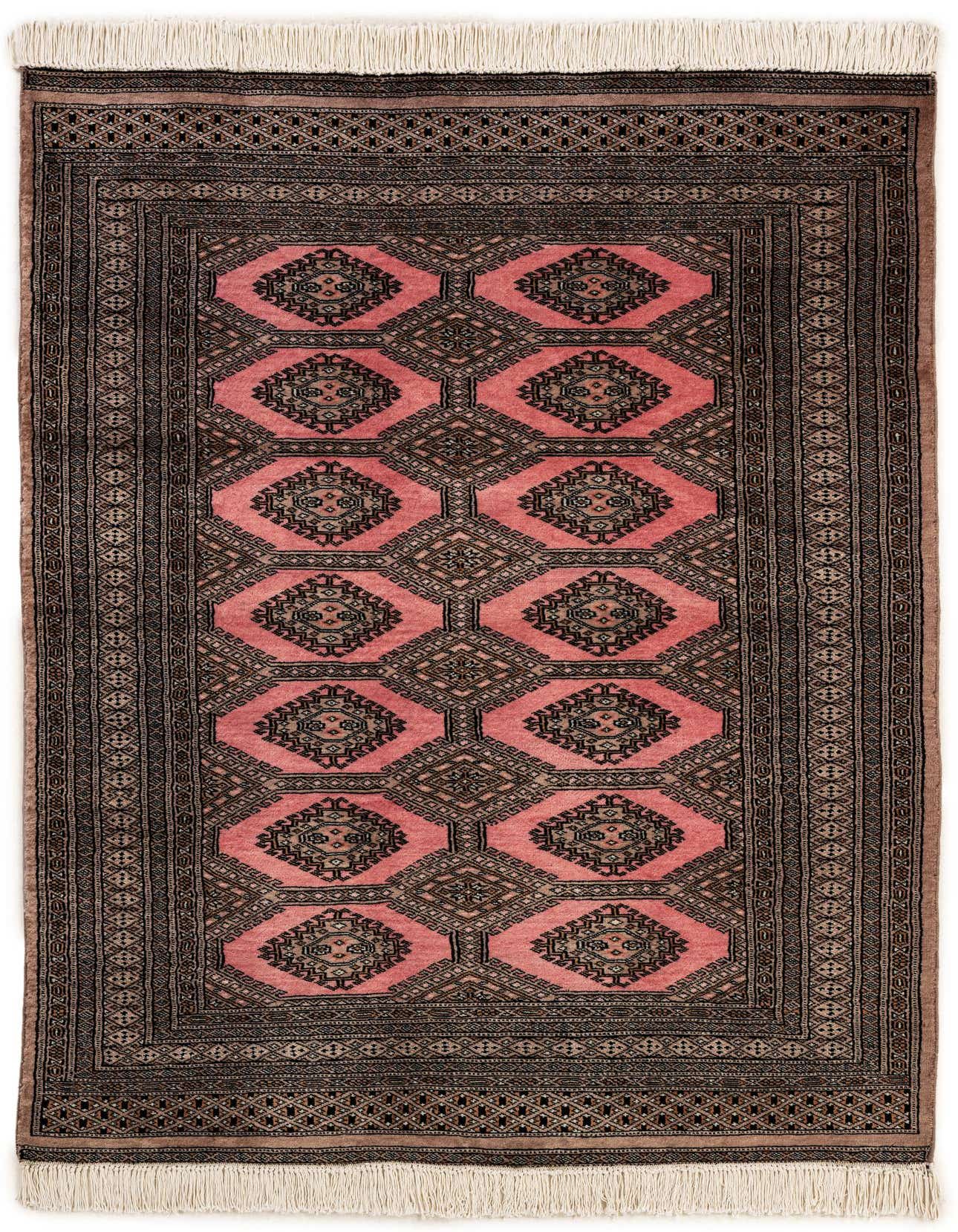 A 4x6 rectangular pink and black tribal Bokhara wool rug with traditional patterns and fringe.