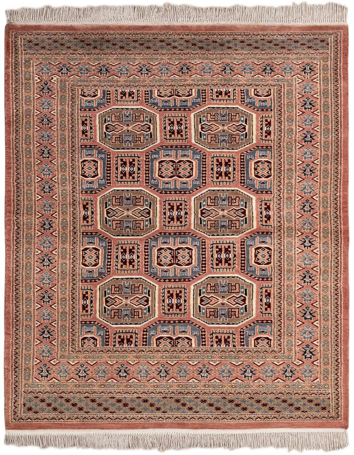 A 4x6 rectangular Bokhara rug with a thin pile, featuring a traditional tribal pattern in shades of pink, blue, and brown.
