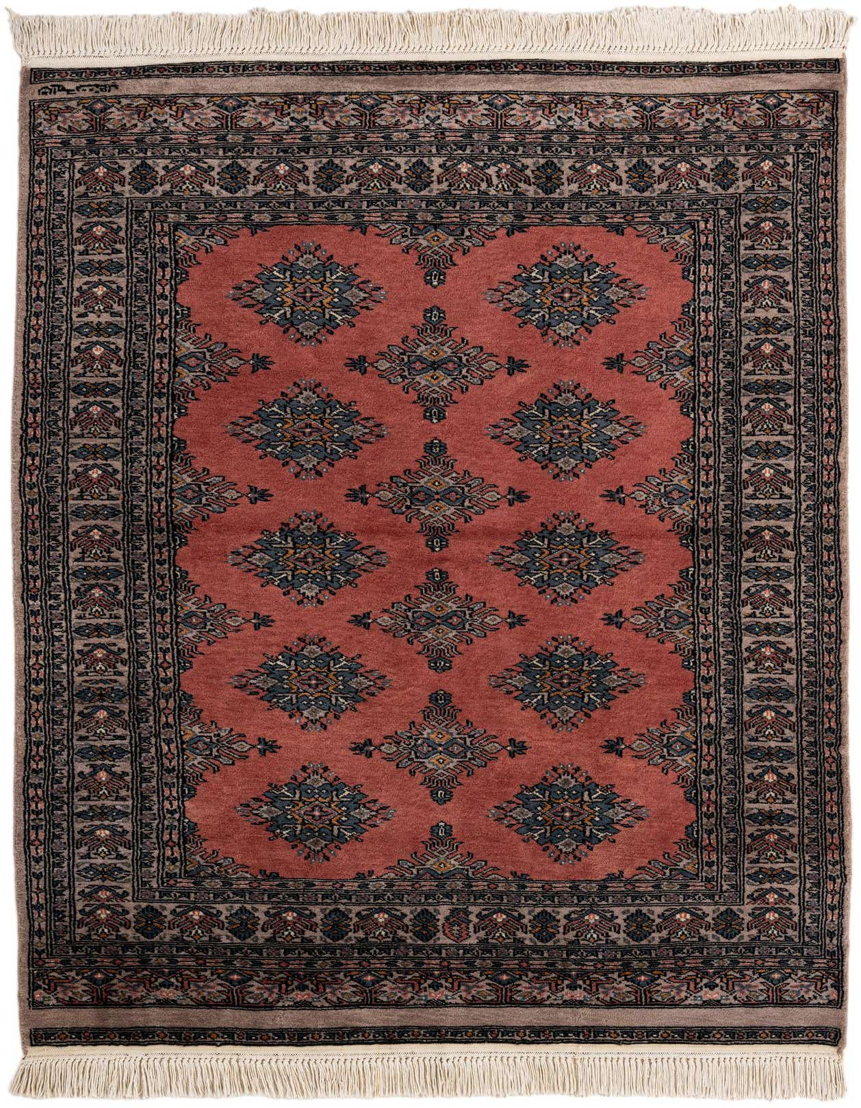 A 4x6 rectangular pink Bokhara wool rug with a traditional tribal pattern and decorative border.