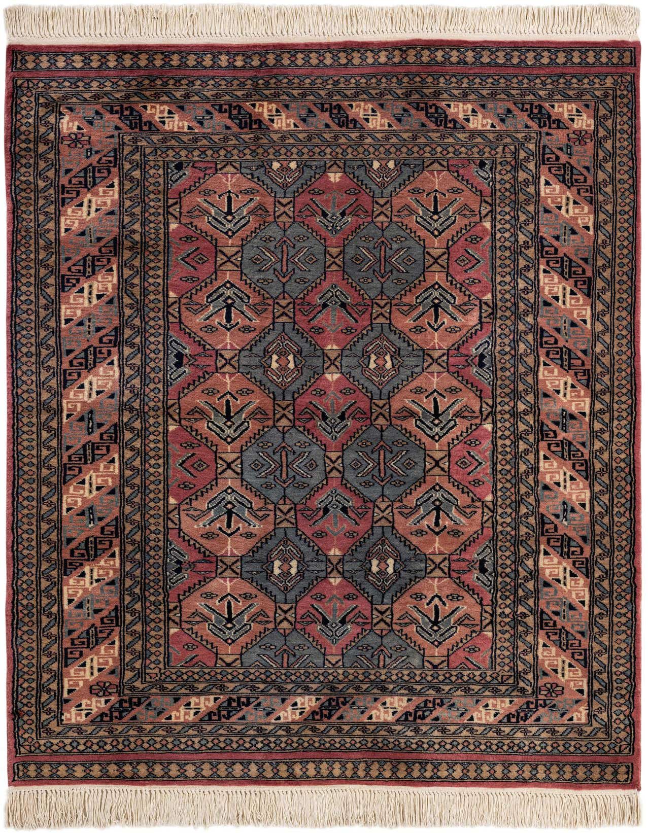 A 4x6 rectangular Bokhara rug featuring a traditional tribal pattern in shades of pink, blue, and beige with fringe.