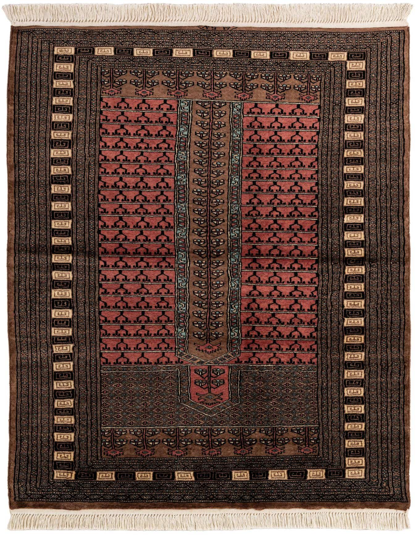 A 4x6 rectangular Bokhara rug features a central field of pink tribal patterns, framed by dark brown and black borders with geometric motifs and white fringes.