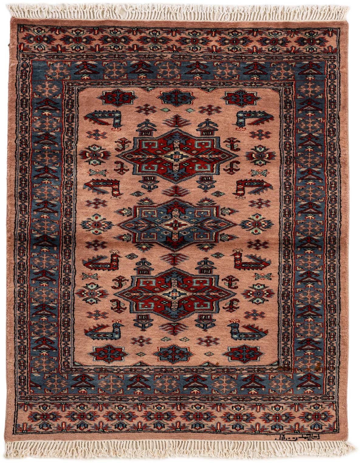 A 3x5 rectangular Bokhara rug with a pink field, featuring intricate tribal and traditional patterns in red and blue, with white fringe.