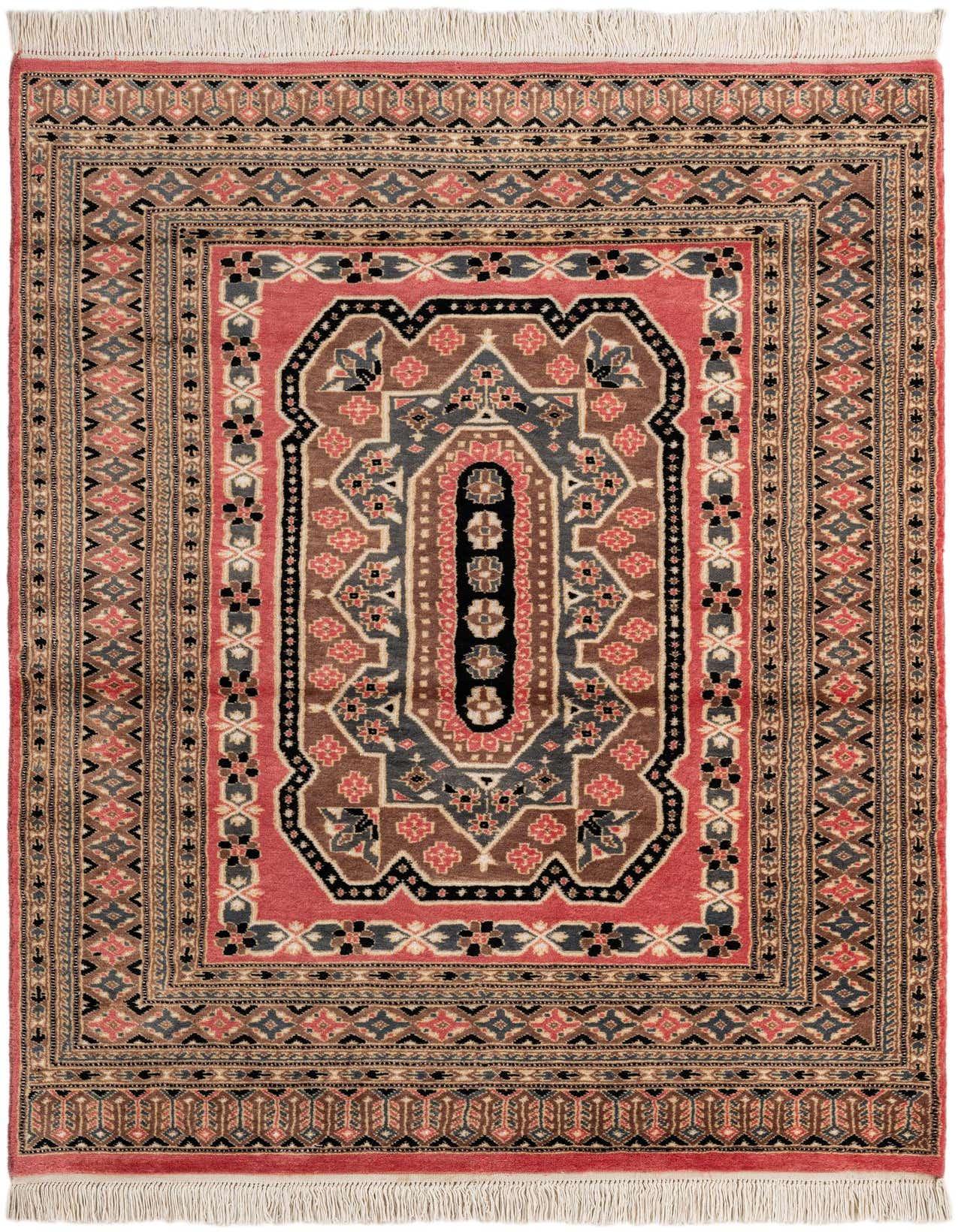 A 4x6 rectangular Bokhara rug in shades of pink, brown, and grey with a traditional tribal pattern and fringe.