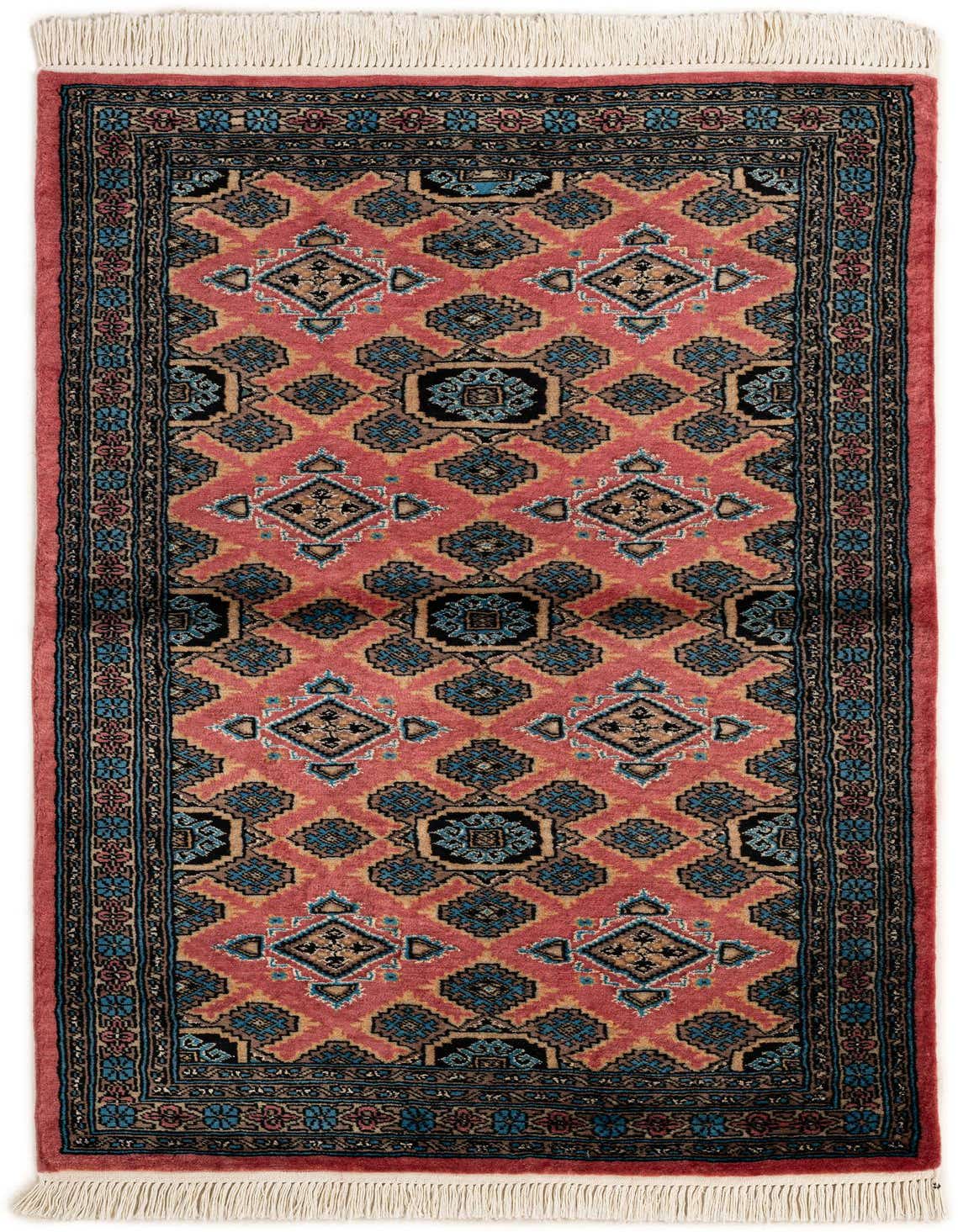 A 3x5 rectangular Bokhara rug with a pink field, featuring a tribal pattern of blue, black, and tan geometric motifs, bordered by intricate patterns, and finished with white fringe.
