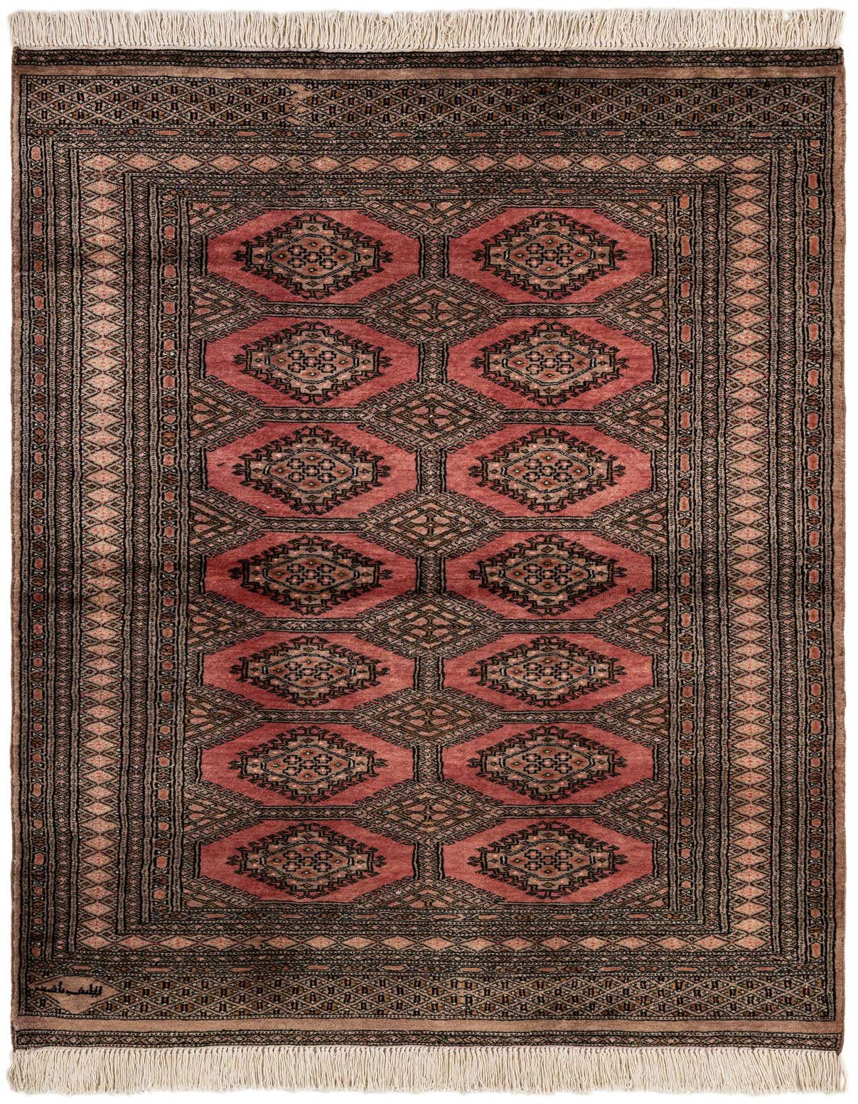 A 4x6 rectangular Bokhara rug in shades of pink and brown with traditional tribal patterns and fringe.