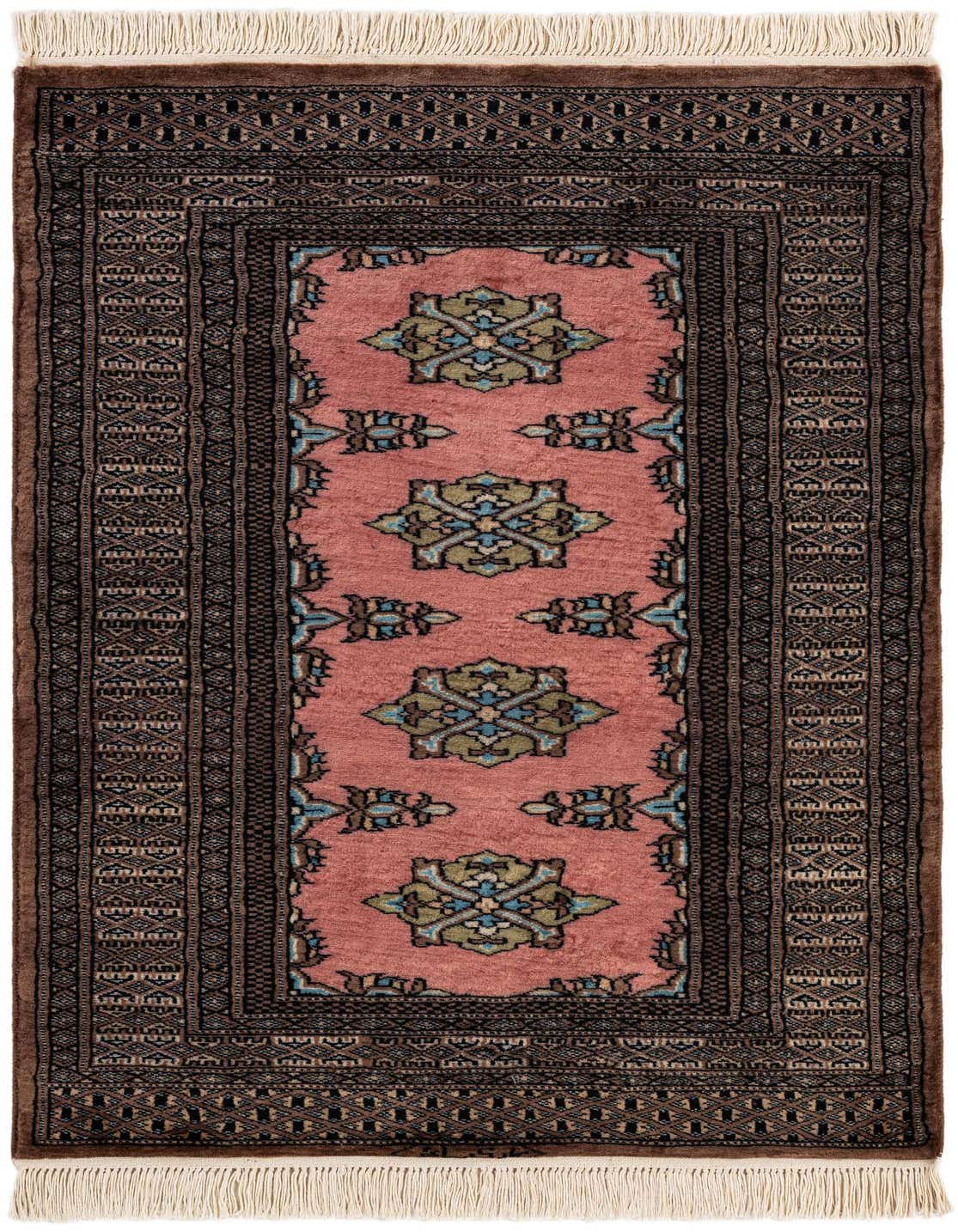 A 3x4 rectangular Bokhara rug with a pink center and intricate dark brown, black, and blue tribal patterns, featuring white fringe.