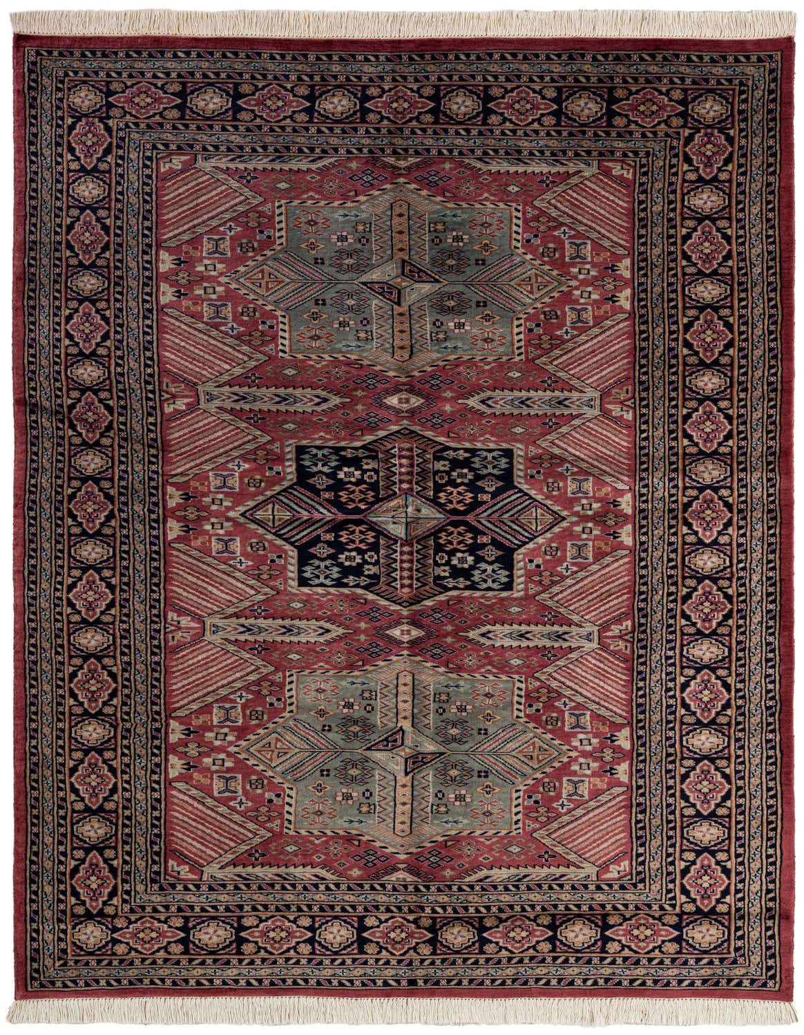 A 5x8 rectangular Bokhara rug featuring a traditional tribal medallion pattern in shades of pink, red, and blue, with cream fringe.