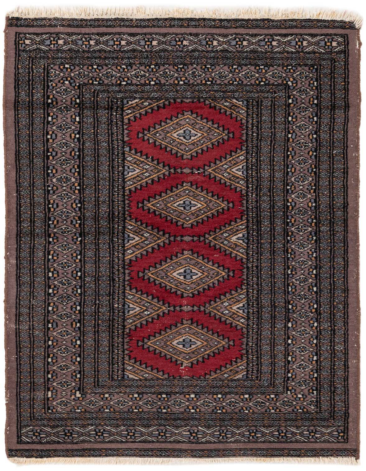 A 3x4 rectangular Bokhara rug with a central pink field featuring tribal diamond patterns, bordered by intricate grey and brown designs.