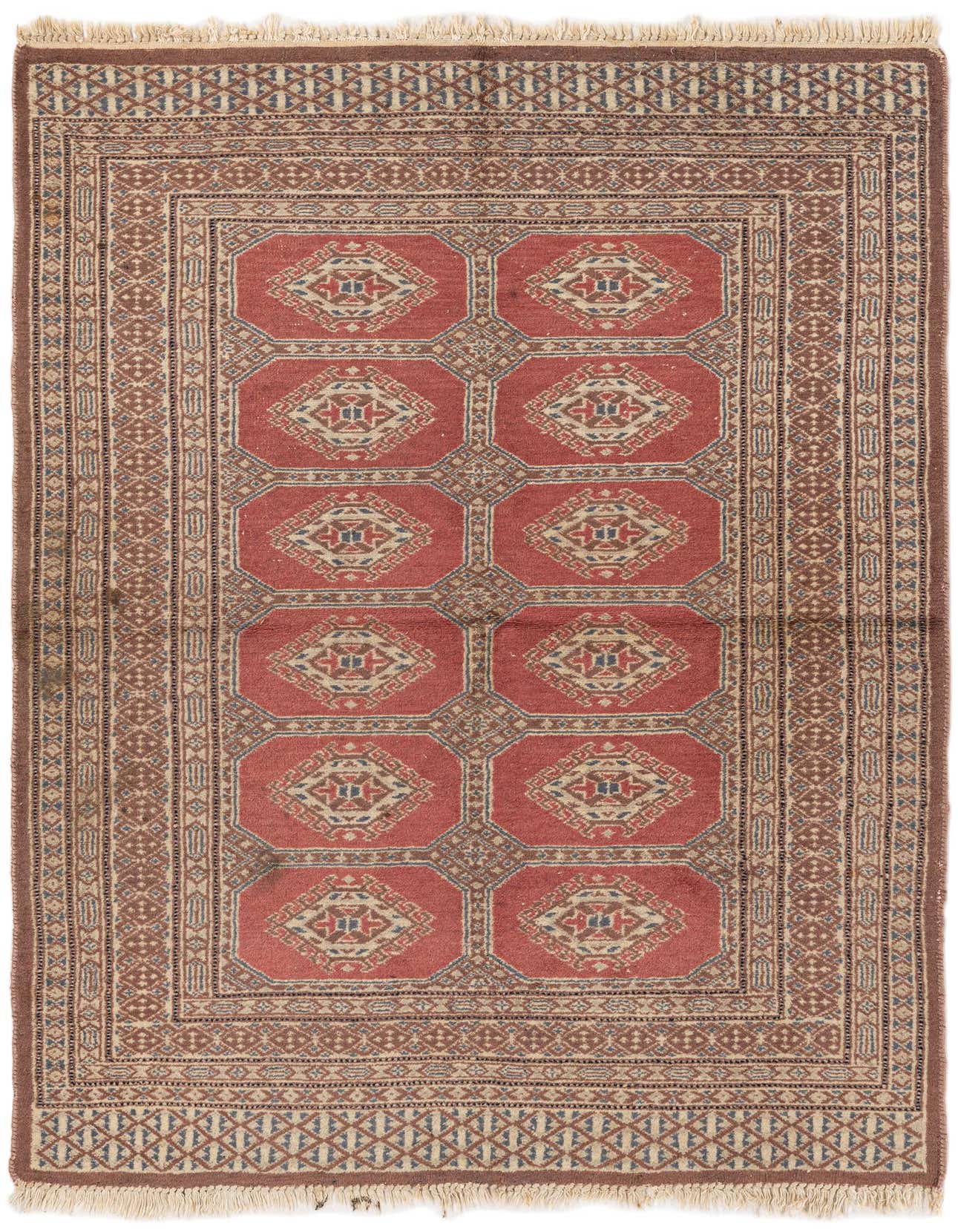 A 3x5 rectangular Bokhara rug with a pink field, featuring traditional tribal patterns and a detailed border.