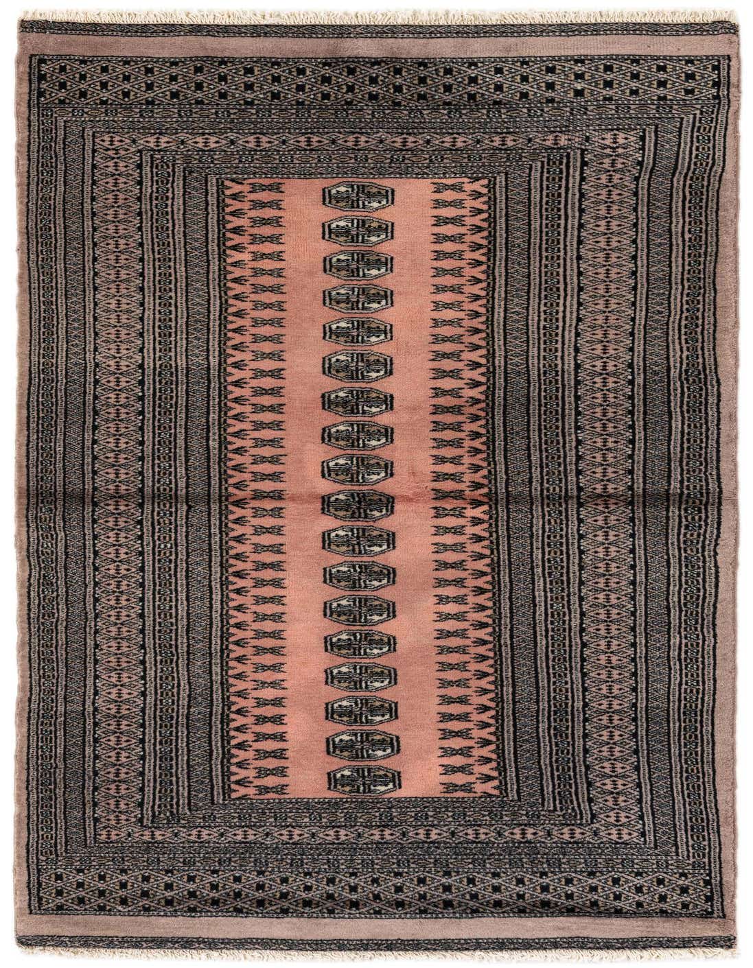 A 3x5 rectangular Bokhara rug in shades of pink and black, featuring a traditional tribal pattern with a central medallion column.