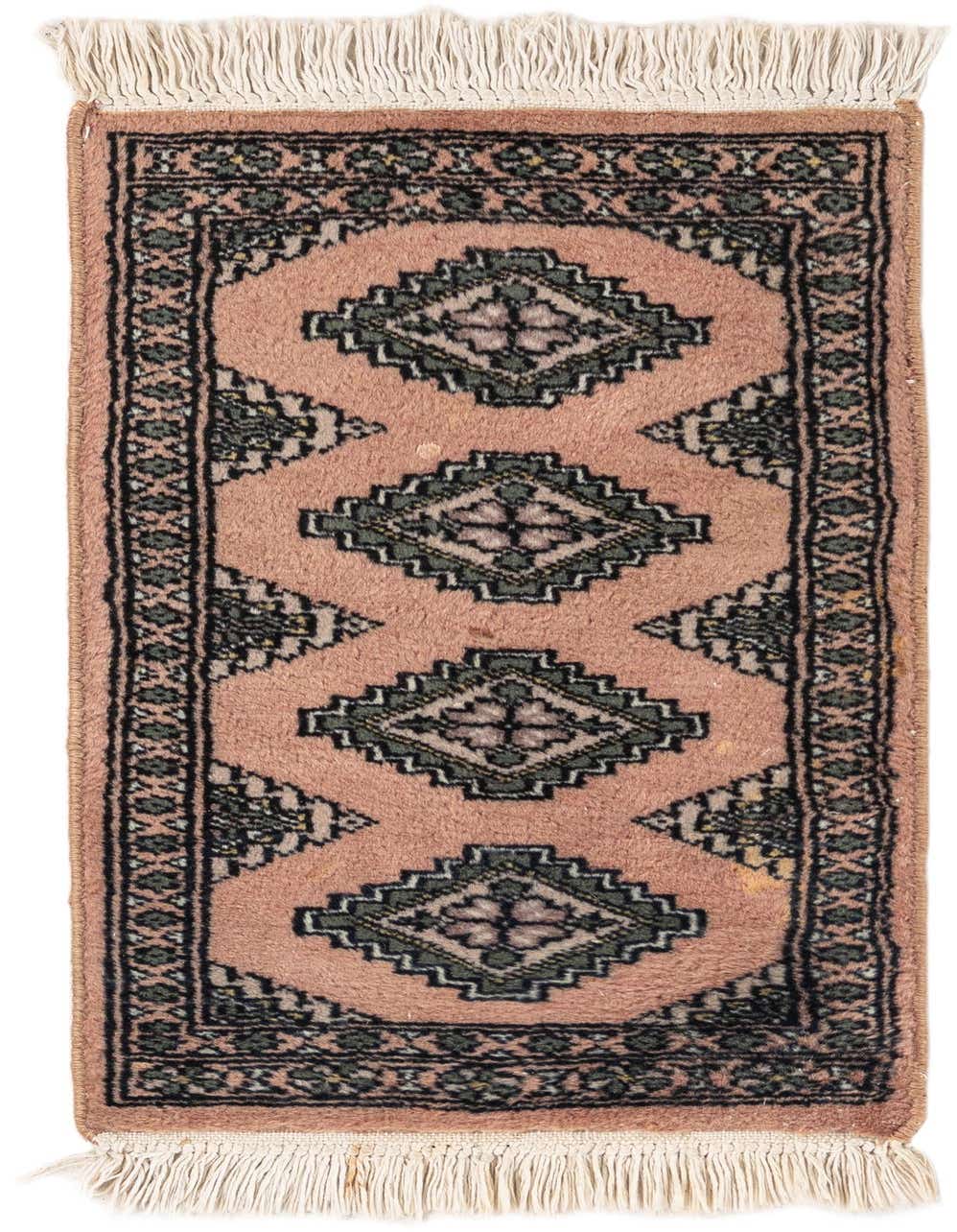 A 1x2 rectangular Bokhara rug featuring a traditional tribal pattern in various shades of pink and dark green with white fringe.