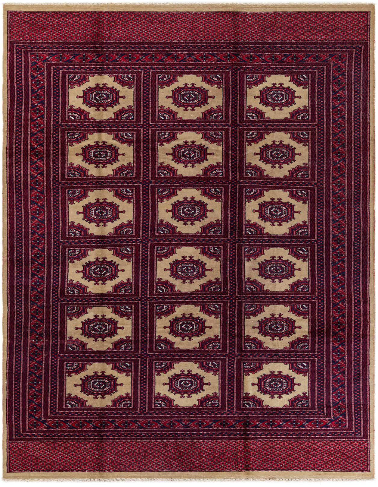 A 7x10 rectangular Bokhara rug featuring a tribal oriental pattern in pinks and beige, with a thin pile.