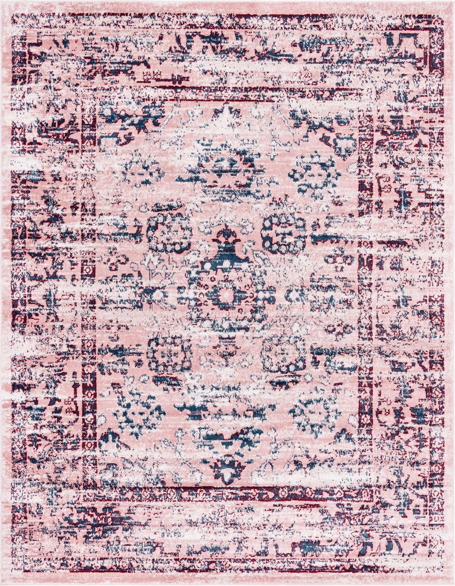 A 9x12 rectangular Charleston rug in shades of pink with a distressed traditional medallion pattern, ideal for a living room.