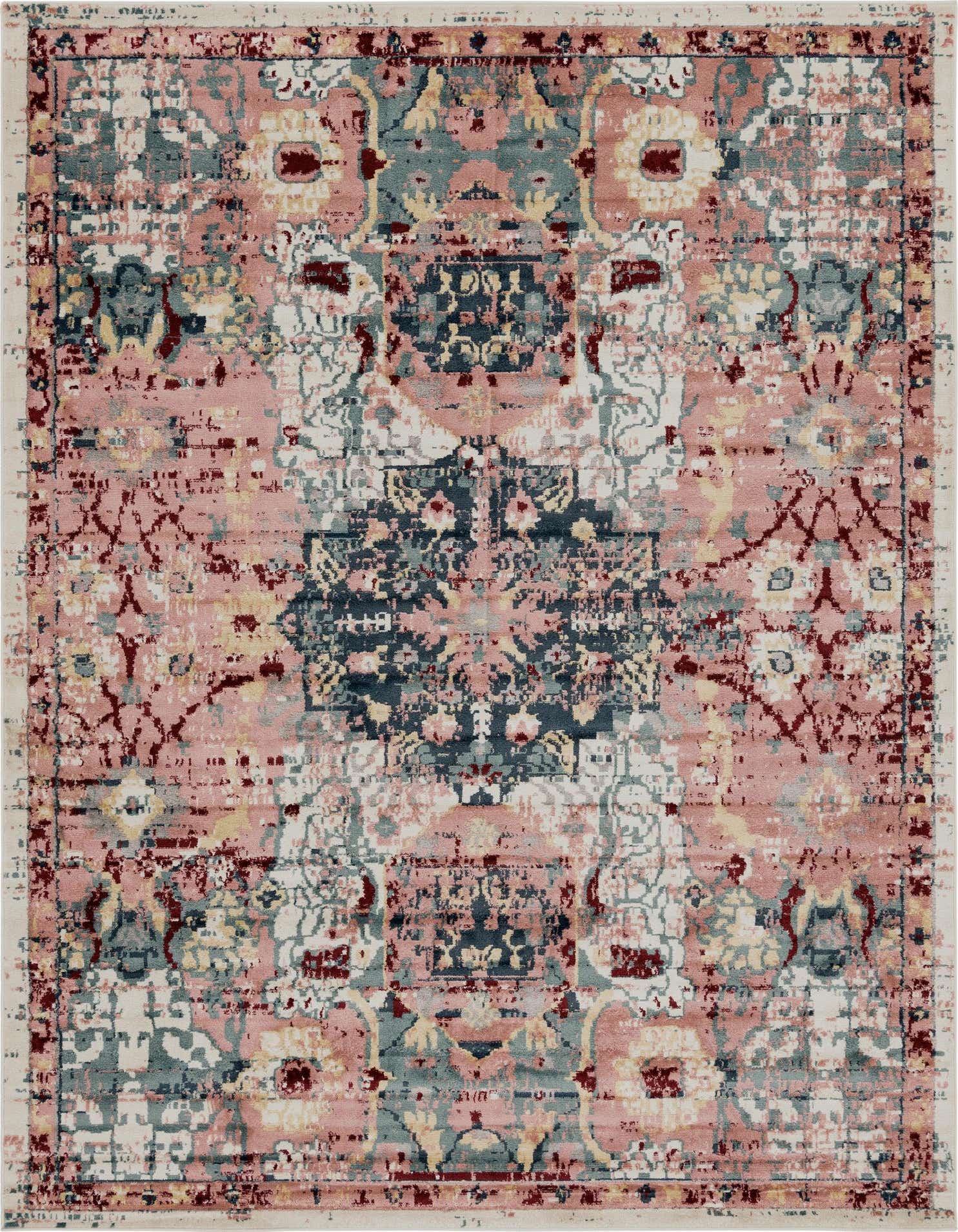 A 9x12 rectangular Charleston rug featuring a distressed transitional medallion pattern in shades of pink, blue, and cream.