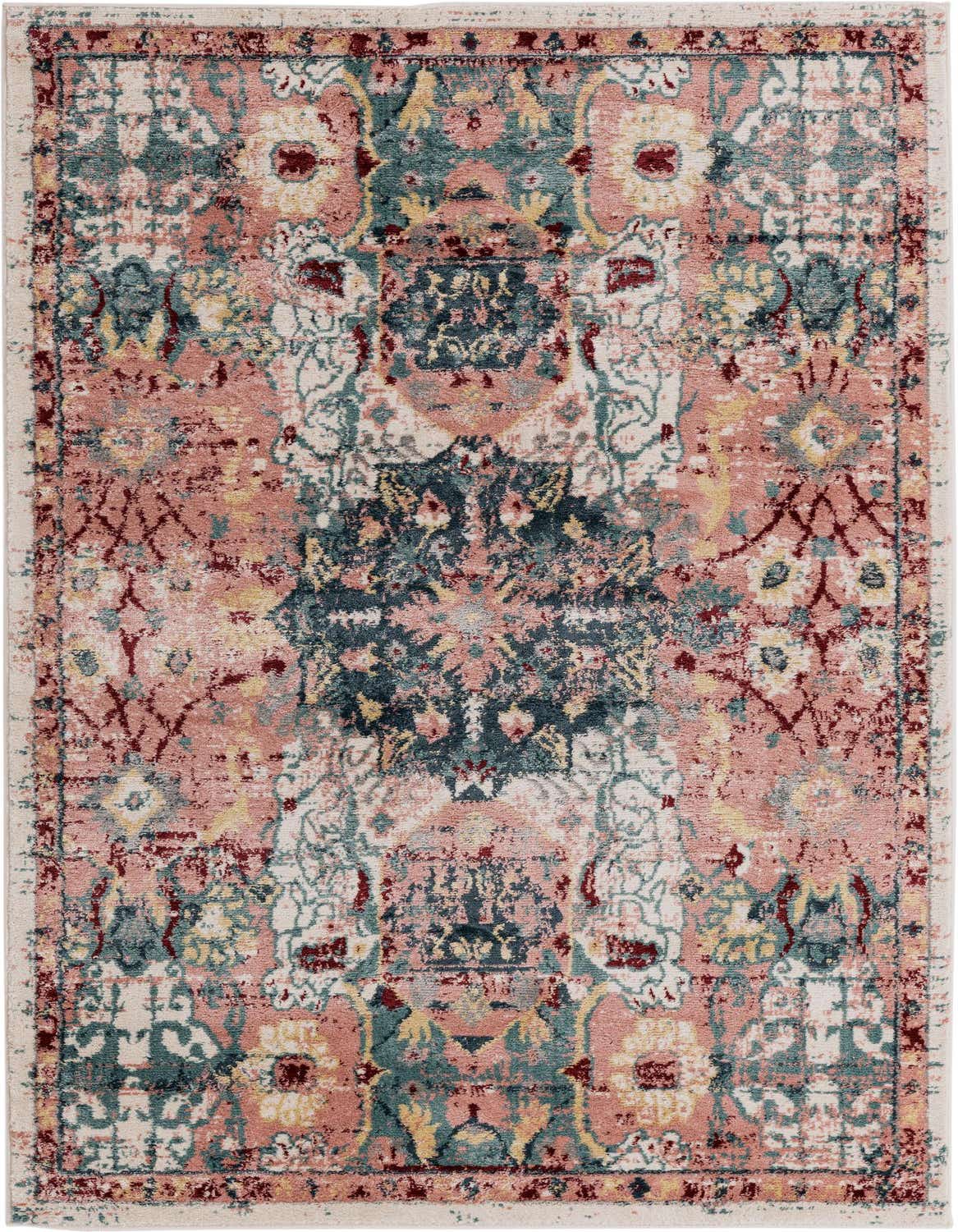 A 5x8 rectangular Charleston rug featuring a distressed medallion pattern in shades of pink, teal, and cream.