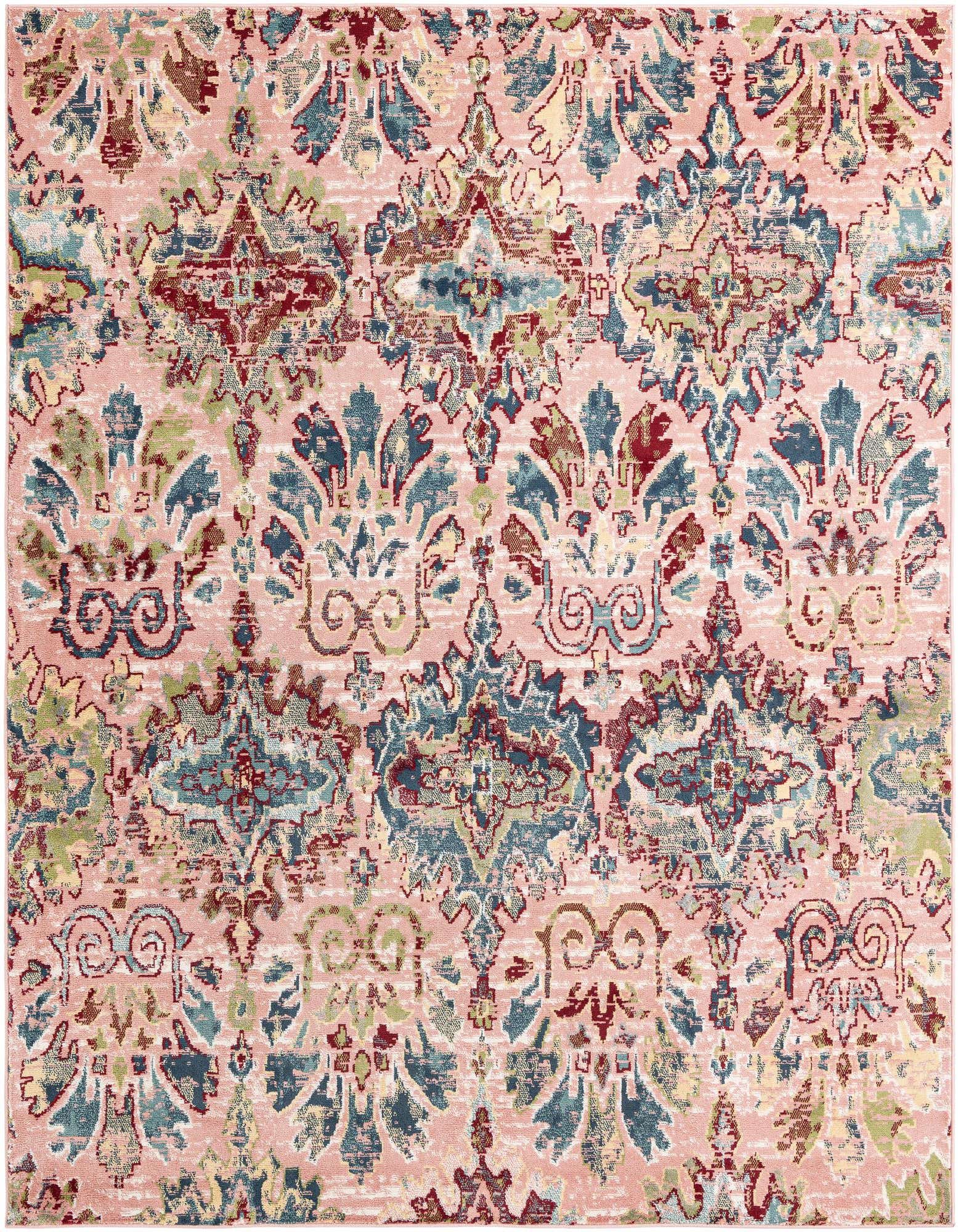 A rectangular 8x10 Charleston rug in pink with a distressed botanical and floral pattern in teal, red, and cream.
