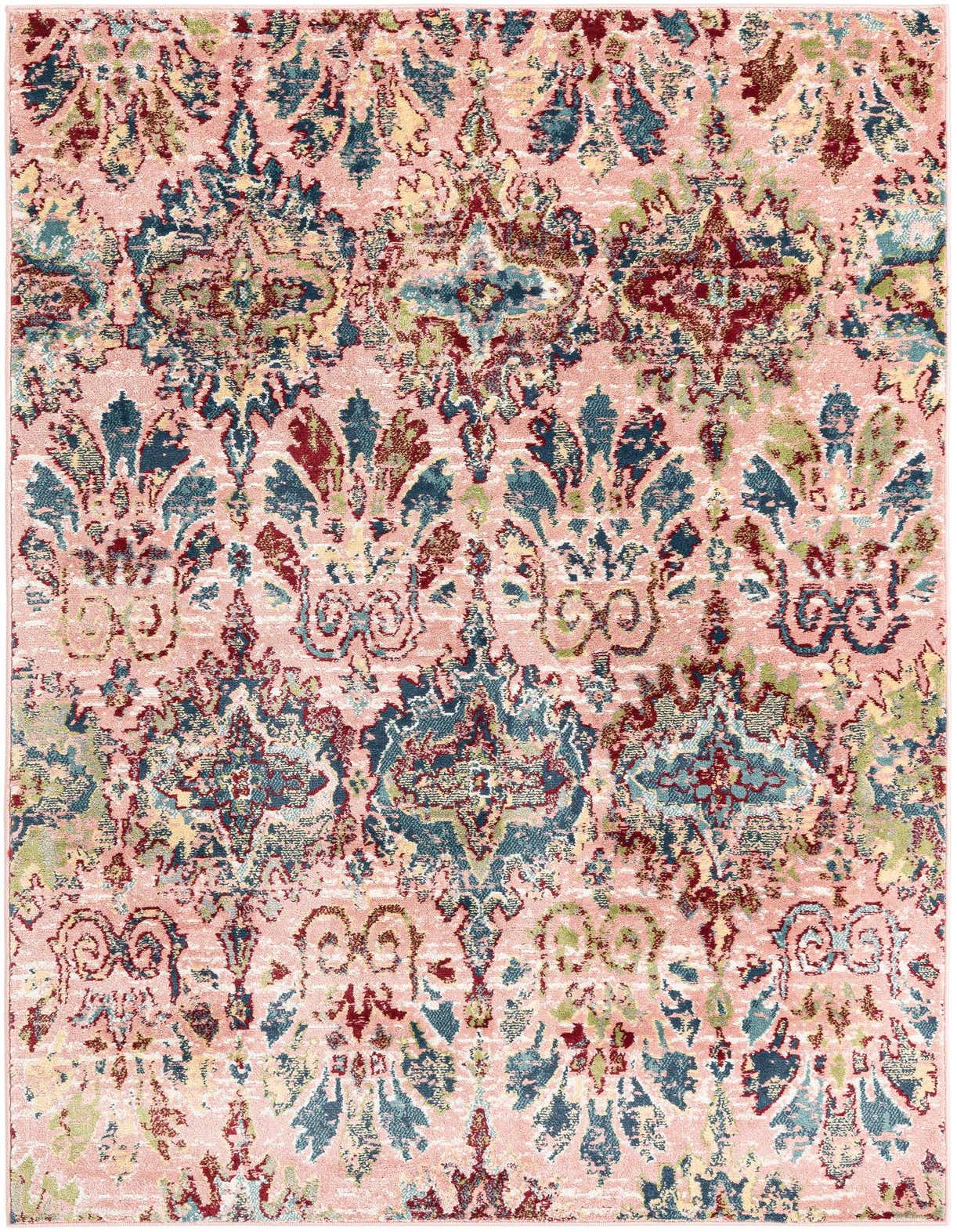 A 5x8 rectangular pink area rug with a distressed botanical and floral pattern in shades of teal, red, and yellow.